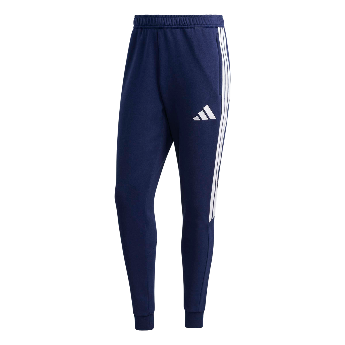 Navy blue Adidas sweatpants with three white side stripes and the white logo on the thigh. Features an elastic waistband and ankle cuffs.