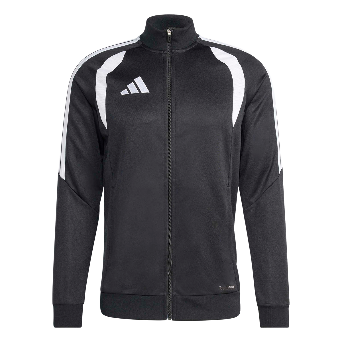 A black Adidas track jacket with white shoulder accents, sleeve stripes, and logo. Features a full front zipper and CLIMACOOL branding.