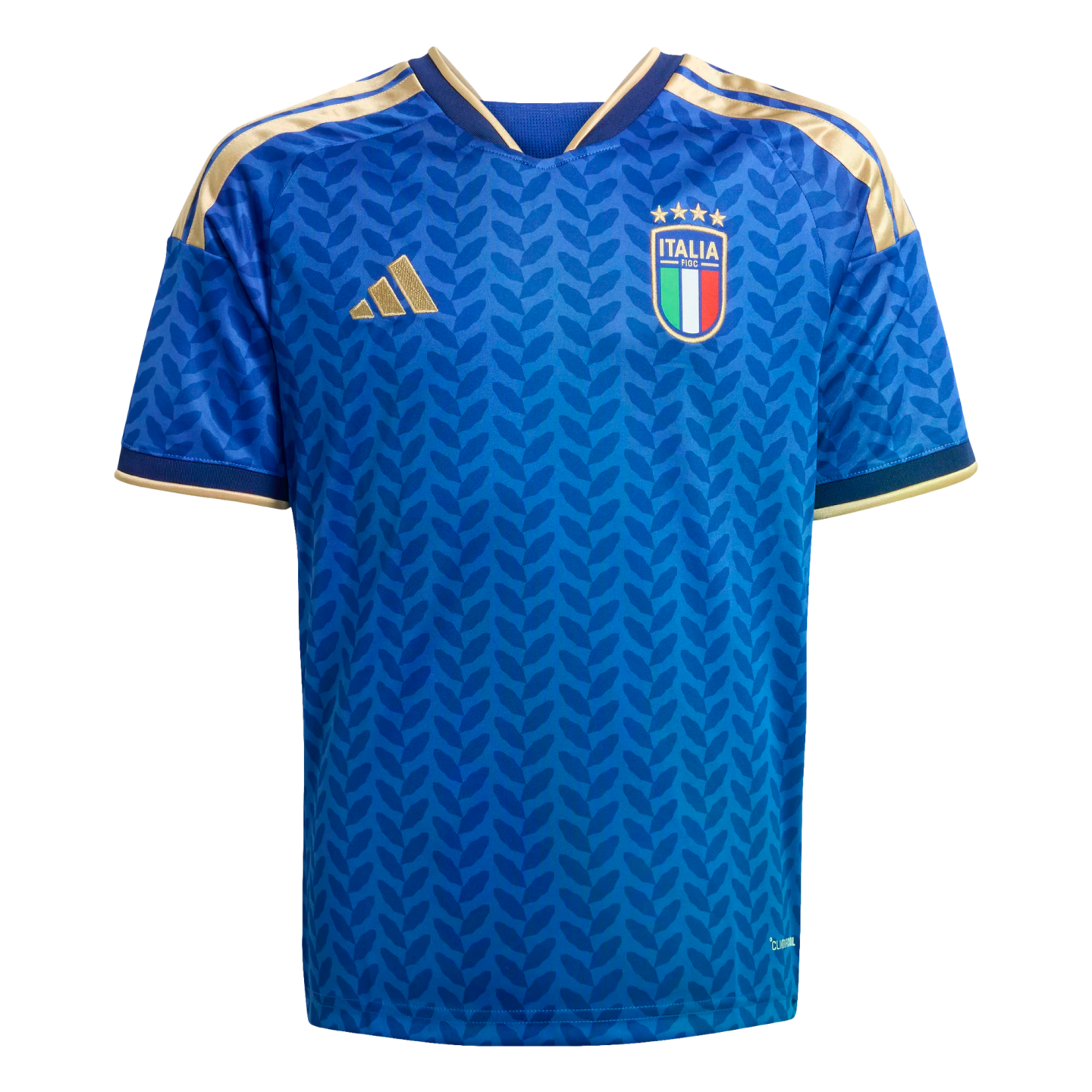 Blue Adidas Italy national soccer jersey featuring gold accents, shoulder stripes, and a subtle leaf pattern. The Italian team crest is displayed on the chest.