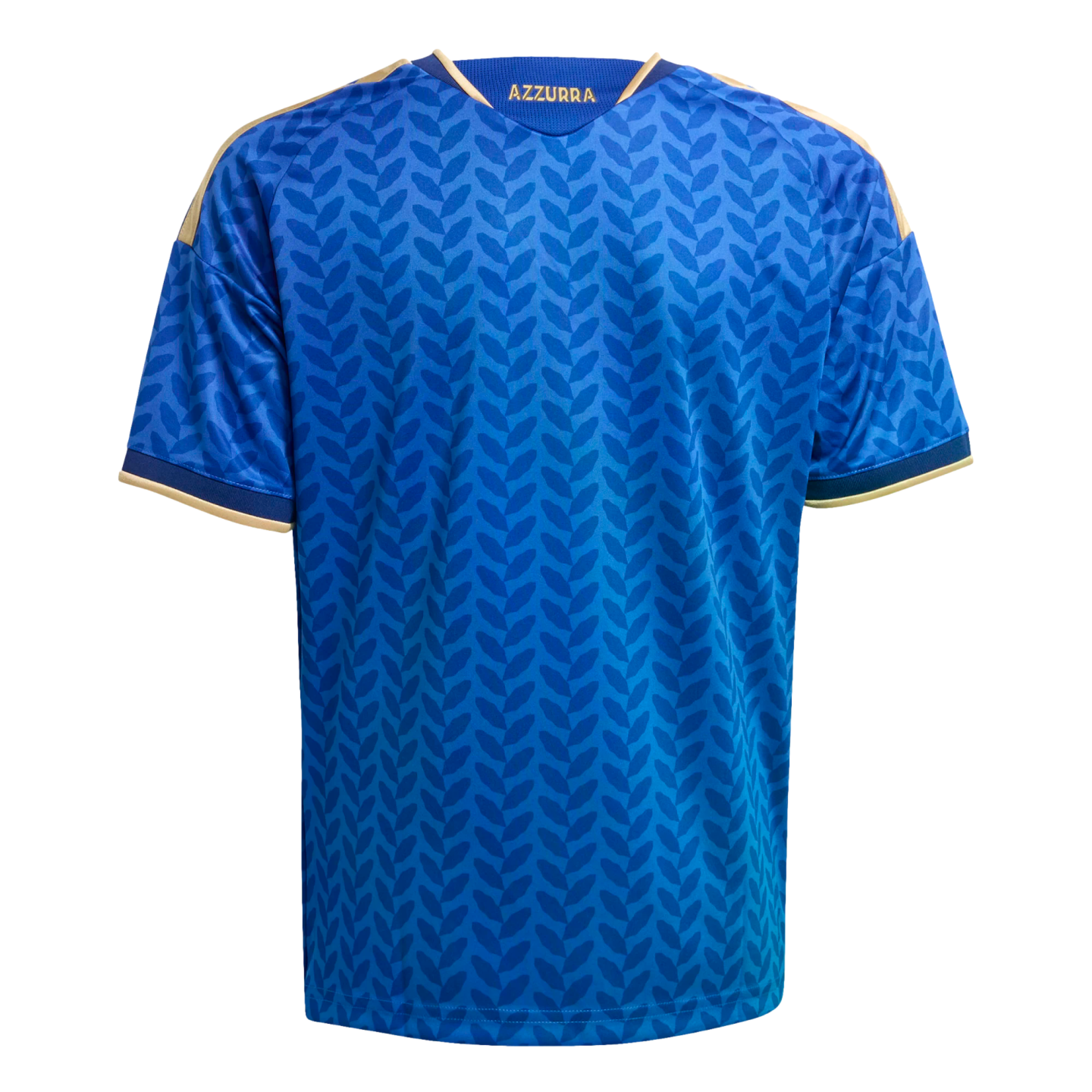 Back of a blue sports jersey with a leaf-like pattern, gold trim on the collar and sleeves, and "AZZURRA" printed in gold on the neck.
