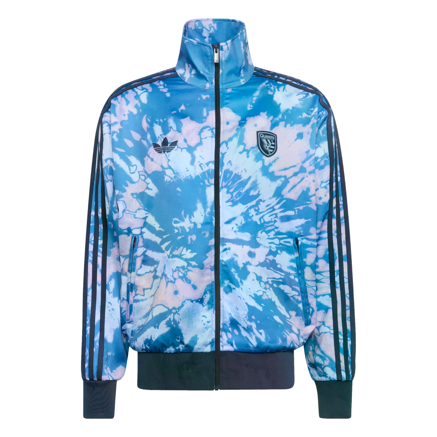 A blue and white tie-dye Adidas San Jose Earthquakes track jacket with dark grey trim and the team crest on the chest.