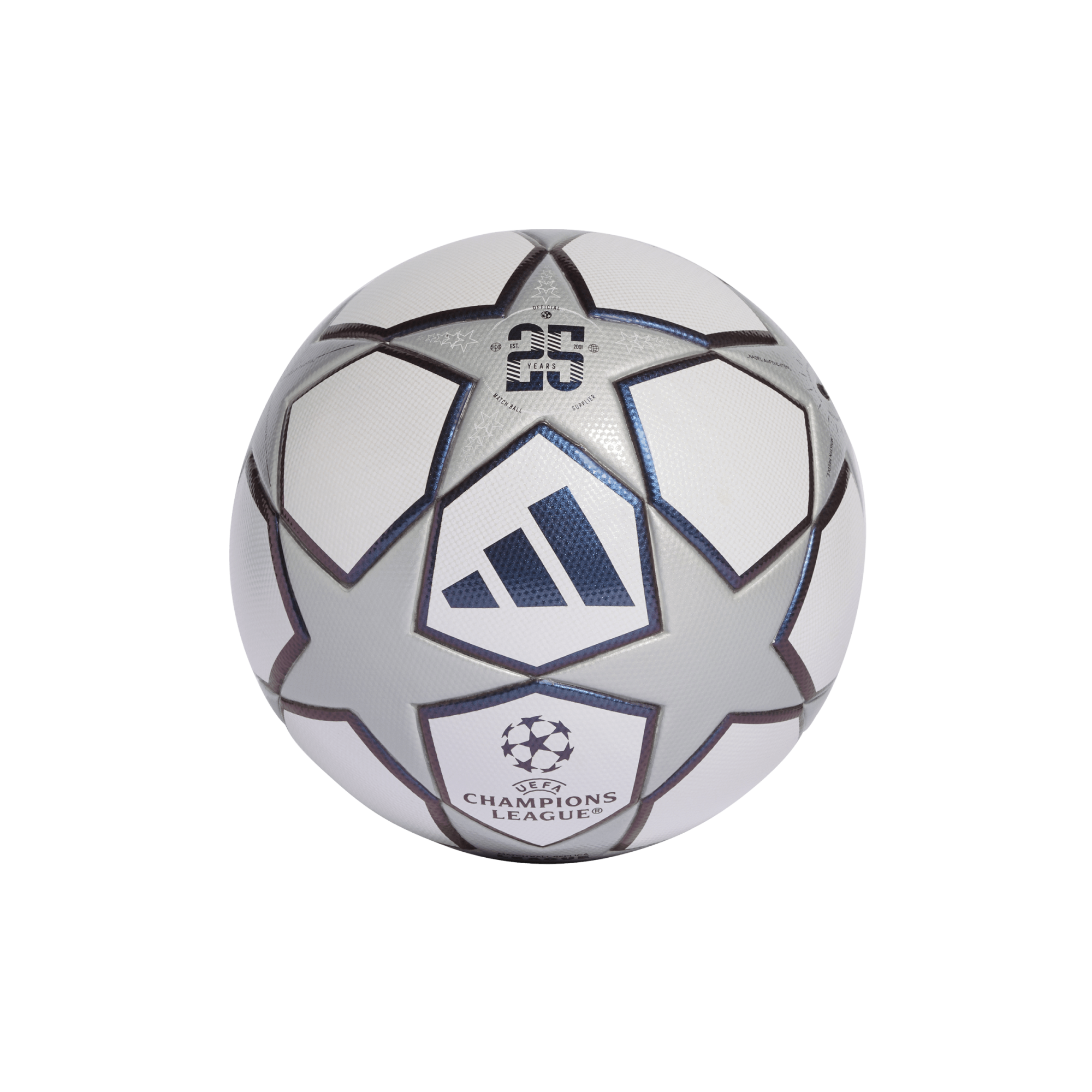 Silver and white Adidas UEFA Champions League soccer ball with iconic star panels and a "25 YEARS" commemorative logo, isolated on a black background.