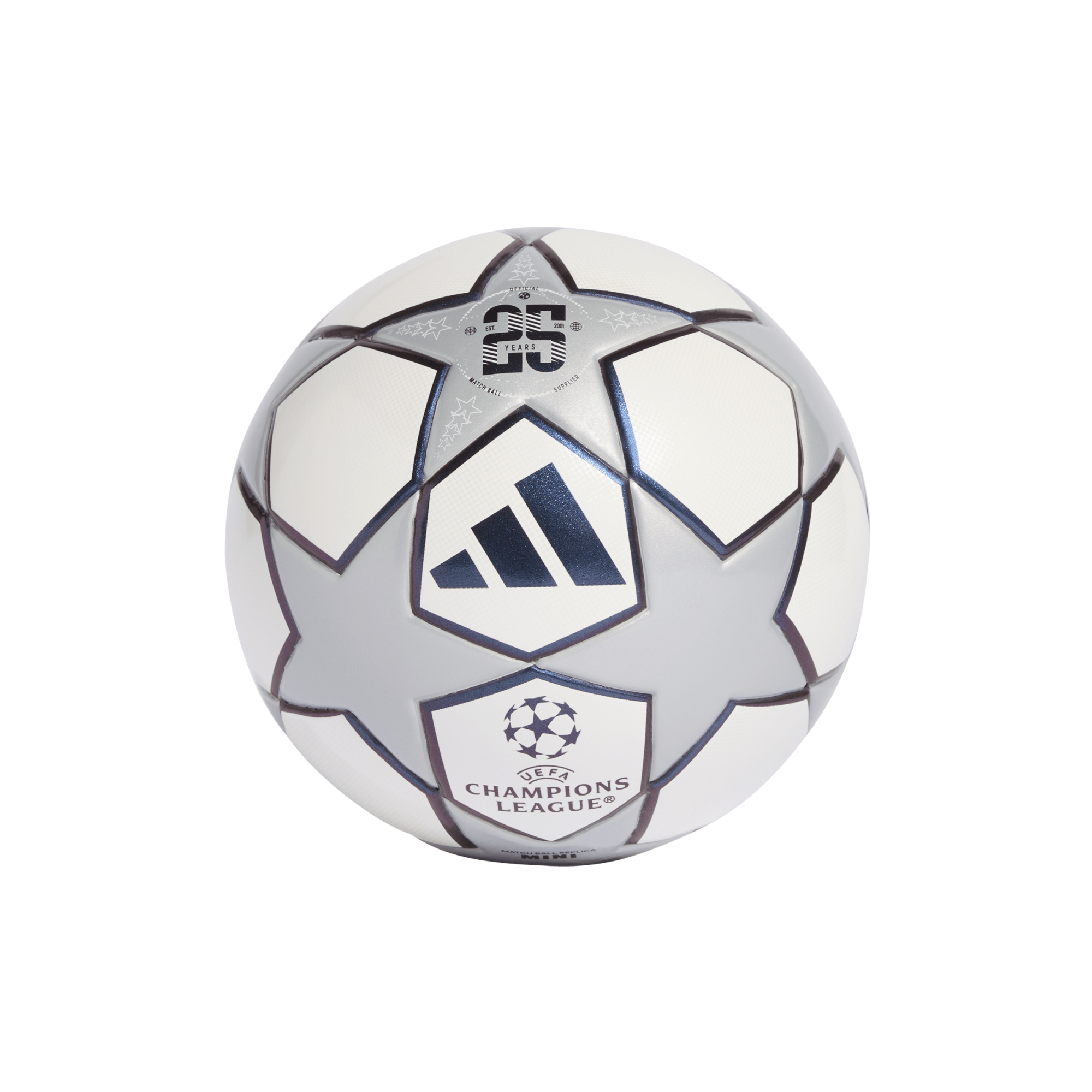 Adidas UEFA Champions League mini soccer ball featuring silver star-shaped panels, white sections, and "25 Years" branding, centered on a black background.