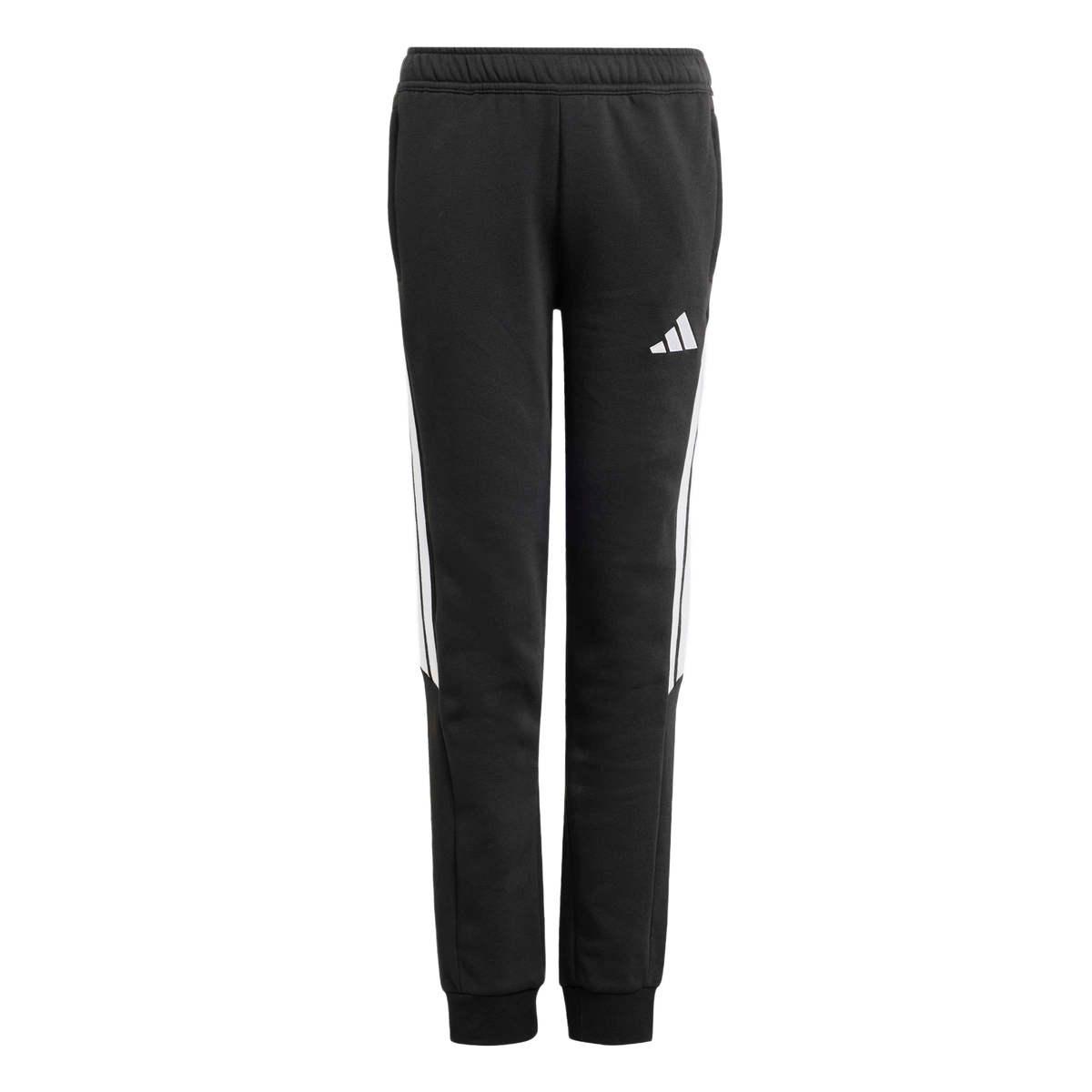 Black Adidas sweatpants with white stripes on the sides and a white logo on the left thigh. The joggers feature an elastic waistband and ribbed ankle cuffs.