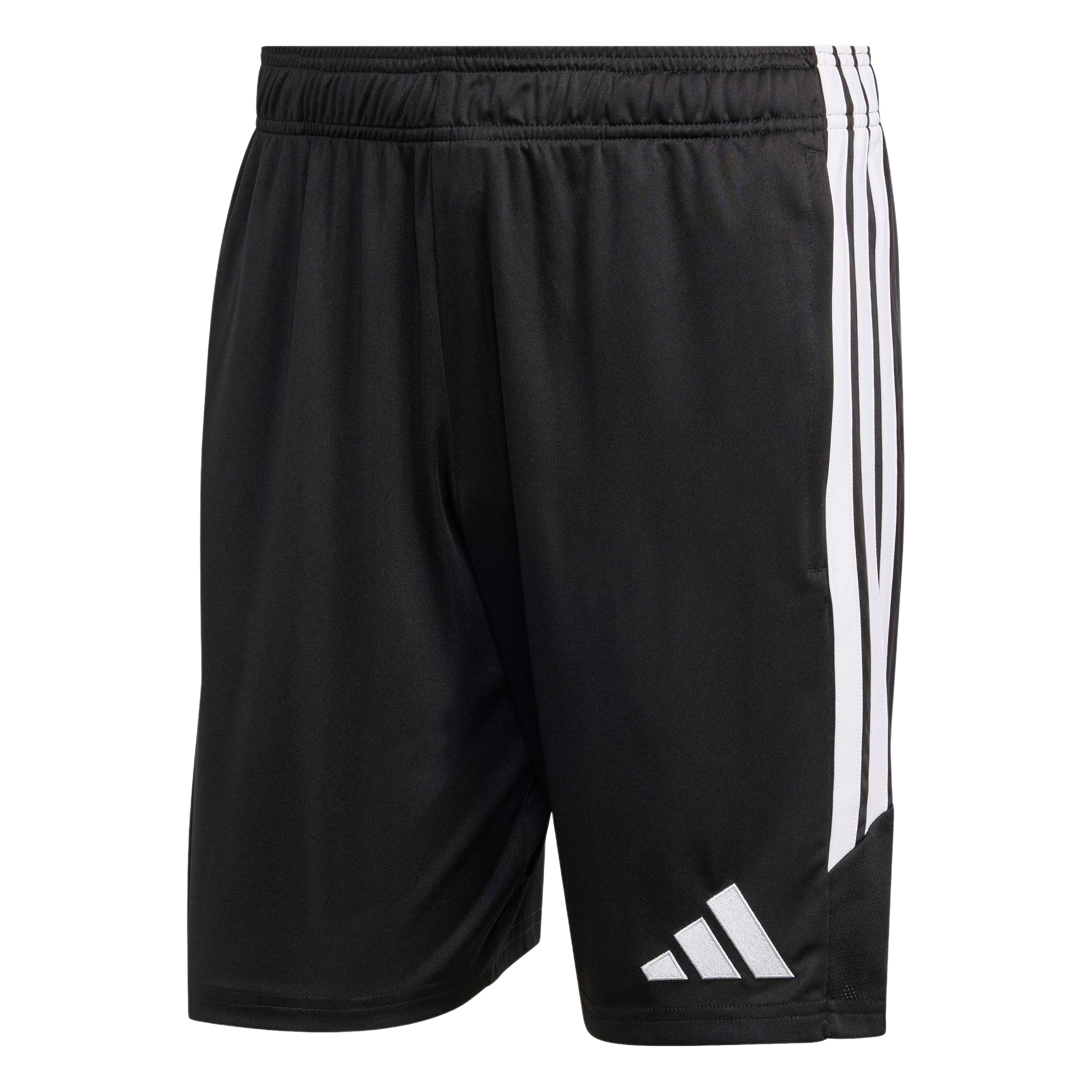 A front view of black Adidas athletic shorts with three white vertical stripes along the side and a white Adidas logo on the lower left leg.
