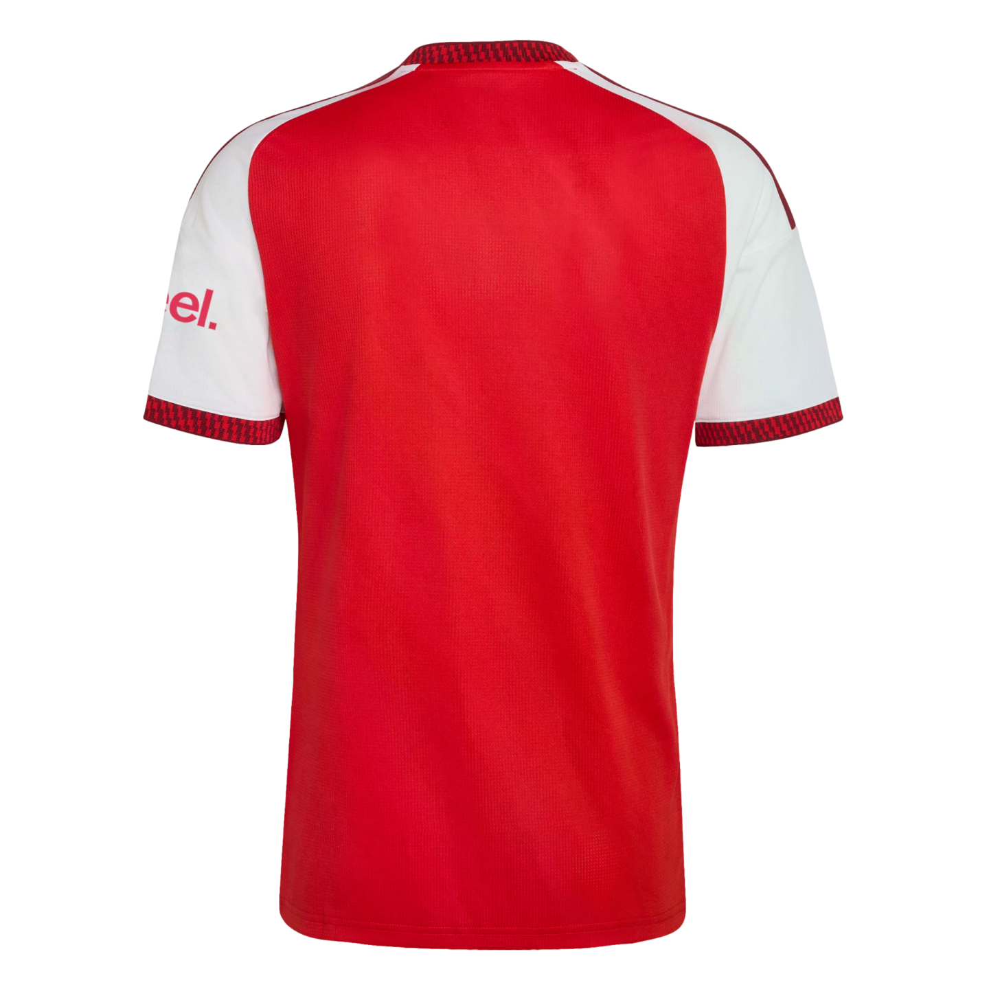Back view of a red sports jersey with white sleeves. It features a patterned red trim on the collar and sleeve cuffs, and white stripes along the shoulders.