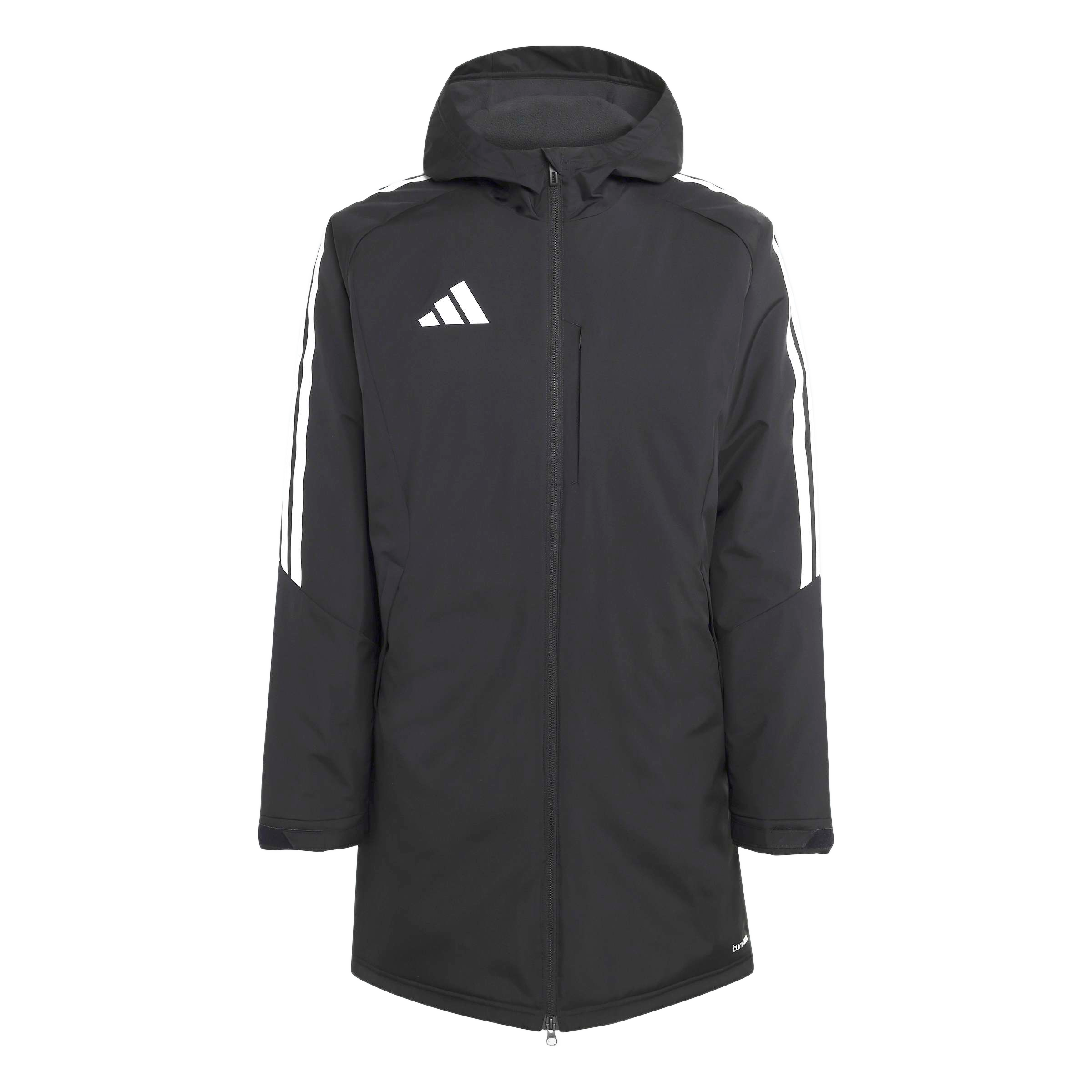 Long black Adidas hooded parka with white logo and three-stripe sleeve detail.