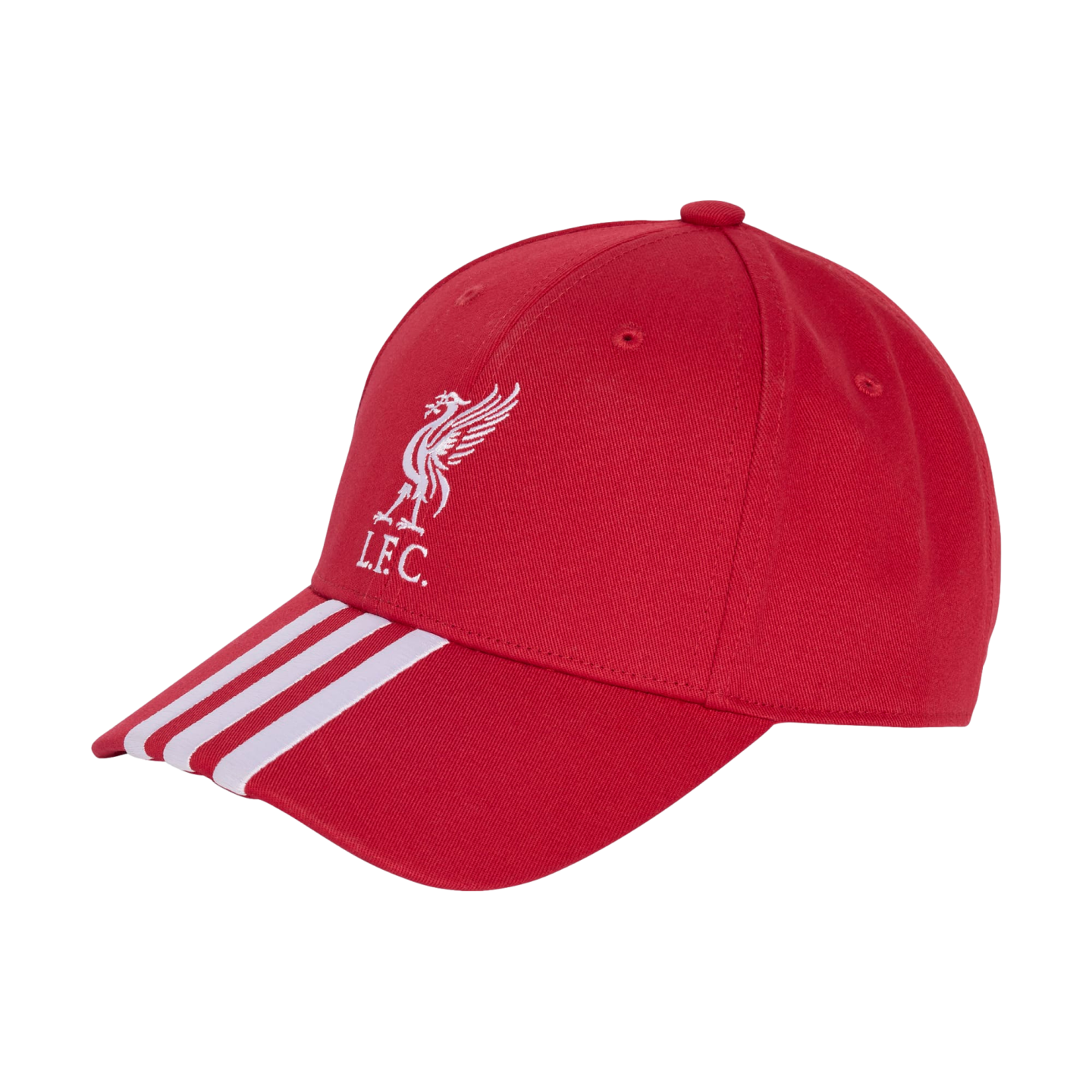 A red baseball cap featuring a white embroidered Liverpool FC crest on the front and three white stripes on the brim, set against a black background.