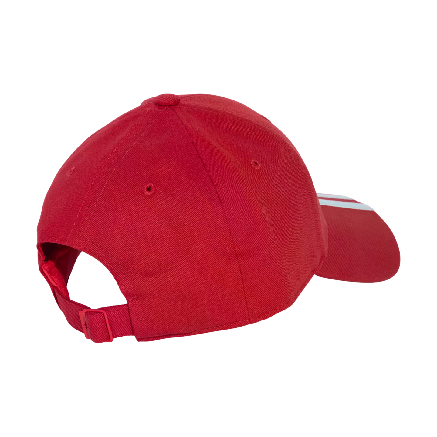 Rear side view of a red baseball cap with an adjustable back strap and white stripes on its brim.