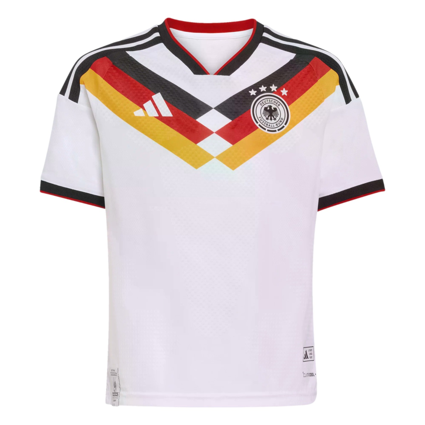 A white German national football team jersey with a black, red, and gold geometric chevron pattern on the chest, featuring the Adidas logo and team crest.