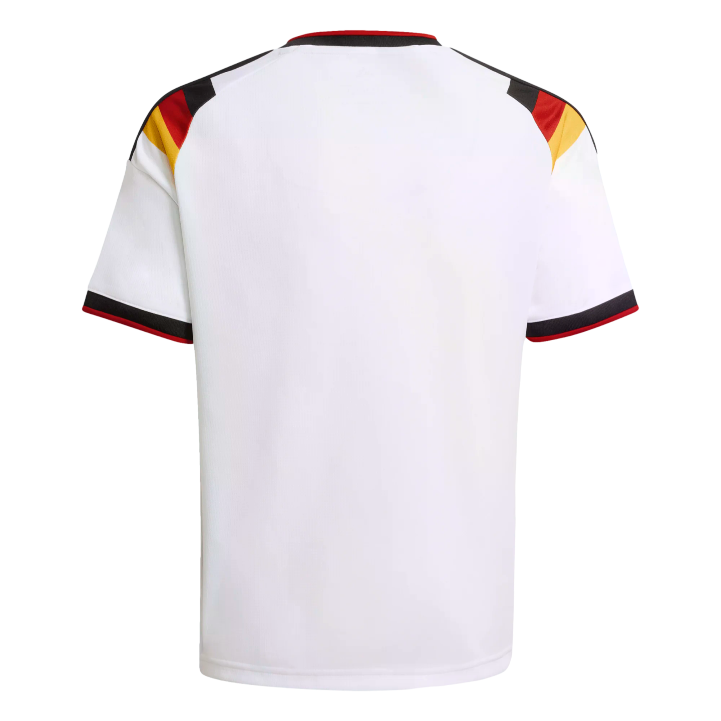 Back of a white German national football team jersey with black, red, and yellow patterns on the shoulders and striped trim on the collar and sleeves.