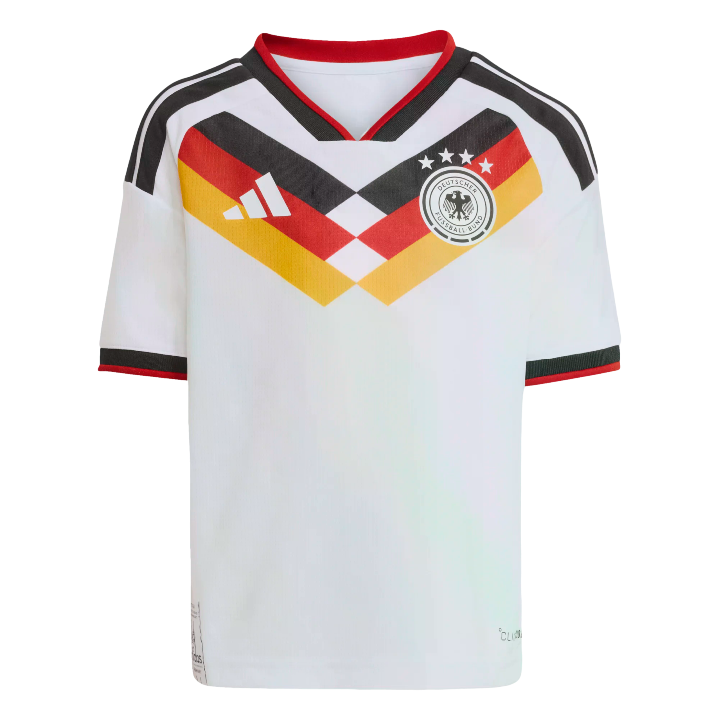 White Germany national football team jersey with a black, red, and gold chevron chest pattern, DFB crest with four stars, and Adidas logo. Features red and black trim.