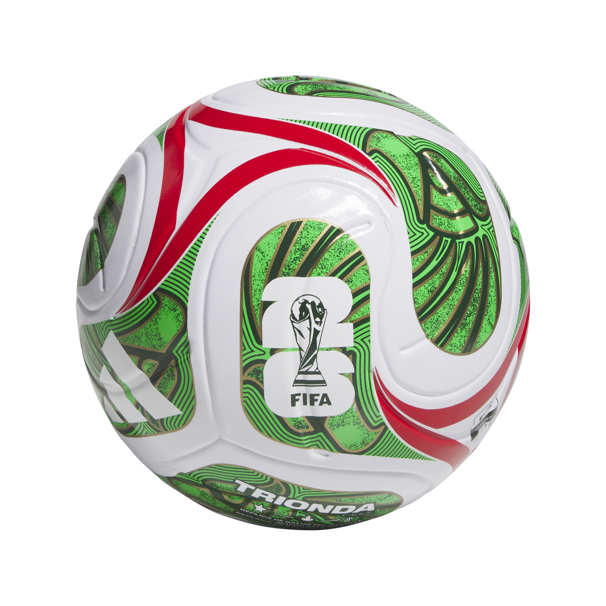 White soccer ball with green, red, and gold patterns, featuring the FIFA World Cup trophy and Adidas logos, isolated on a black background.