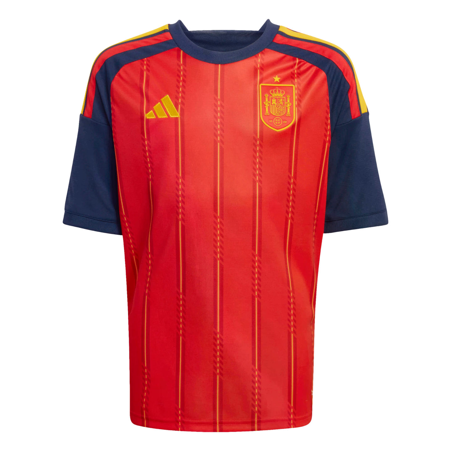 Red Spain home soccer jersey with navy blue sleeves and collar. Features yellow vertical pinstripes, an Adidas logo, and the Spanish national team crest on the chest.