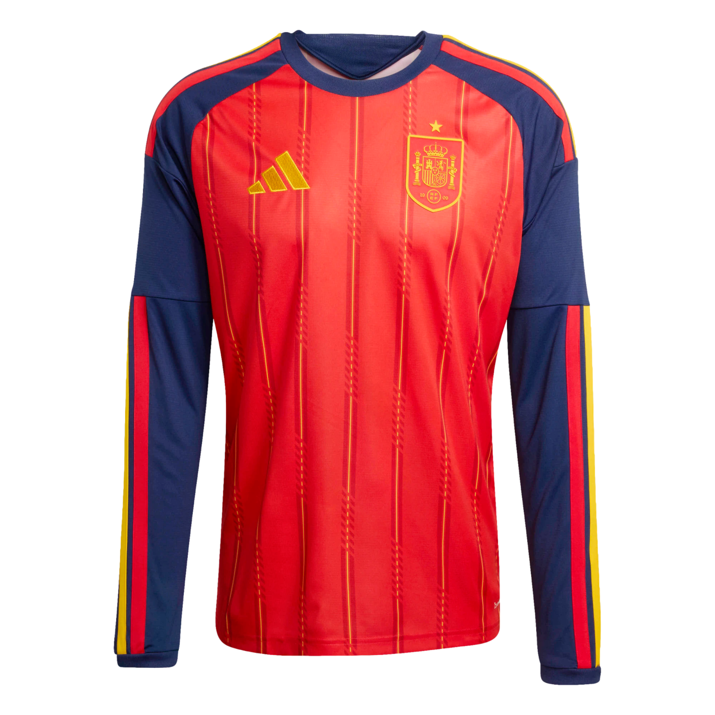 Long-sleeved red Spain national team soccer jersey with navy sleeves, yellow pinstripes, and gold team logos.