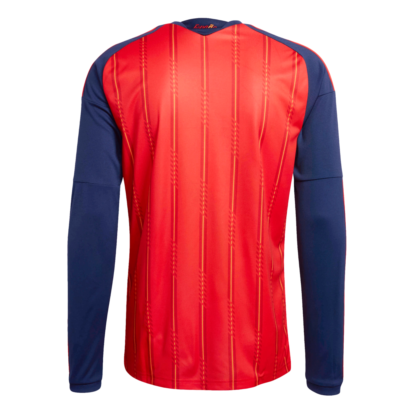 The back view of a red long-sleeved sports jersey with dark blue sleeves and thin vertical yellow stripes. A small gold "España" label is on the back of the neck.