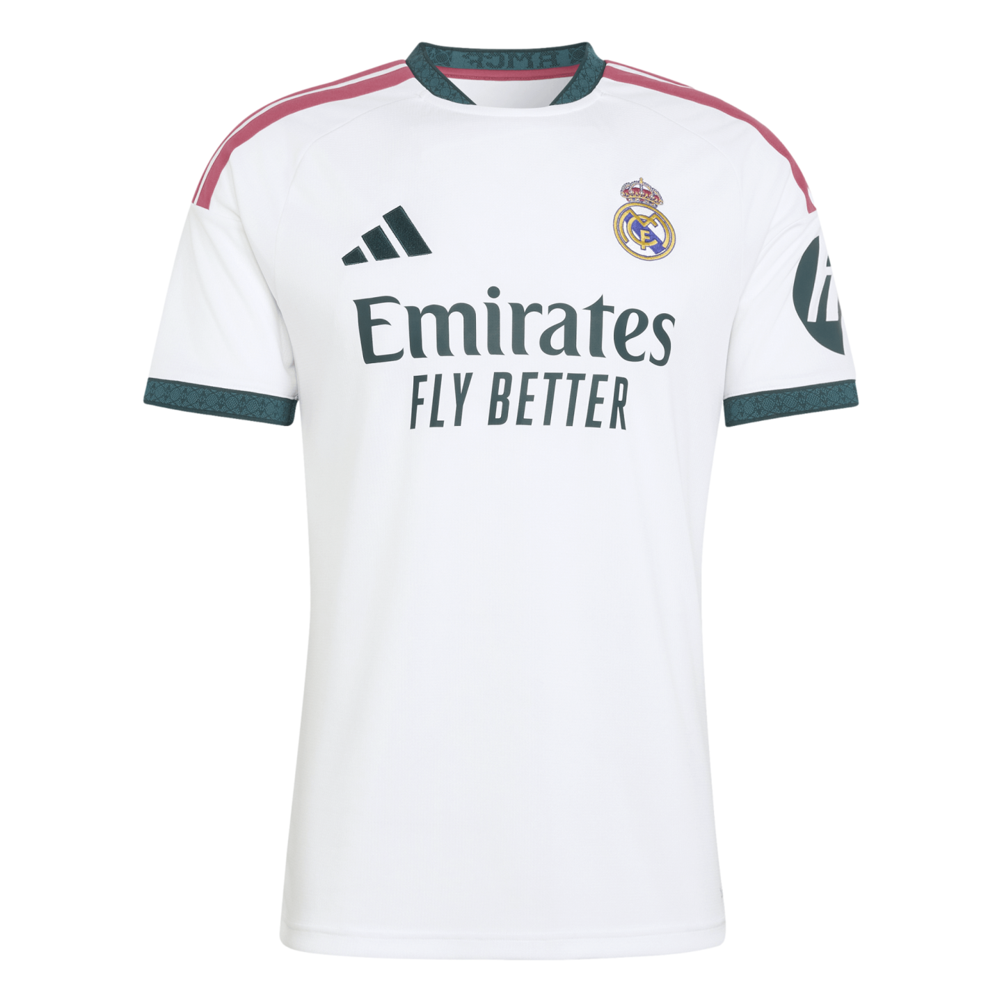 A white Real Madrid home soccer jersey featuring a teal-patterned collar and cuffs, pink shoulder stripes, and the "Emirates FLY BETTER" sponsor logo.