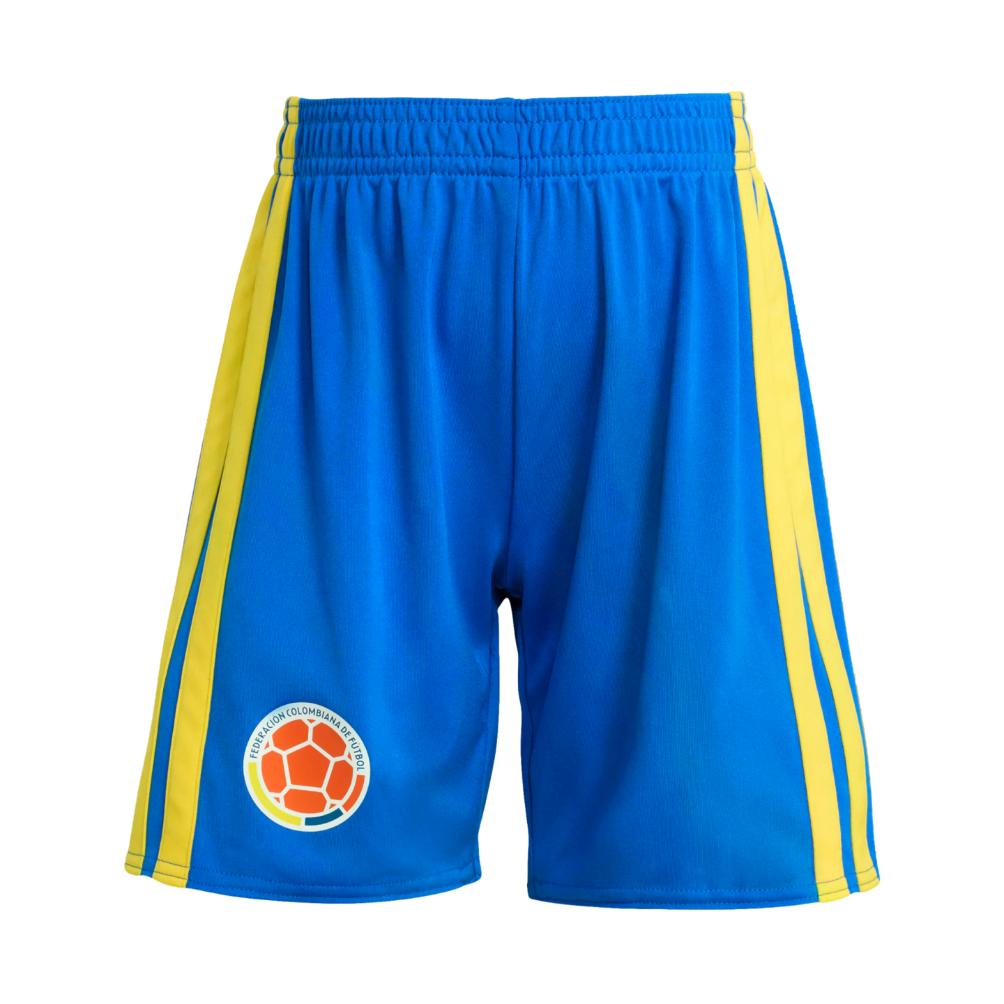 Blue Colombia national football team shorts featuring two yellow side stripes and the Colombian Football Federation crest on the bottom right leg.