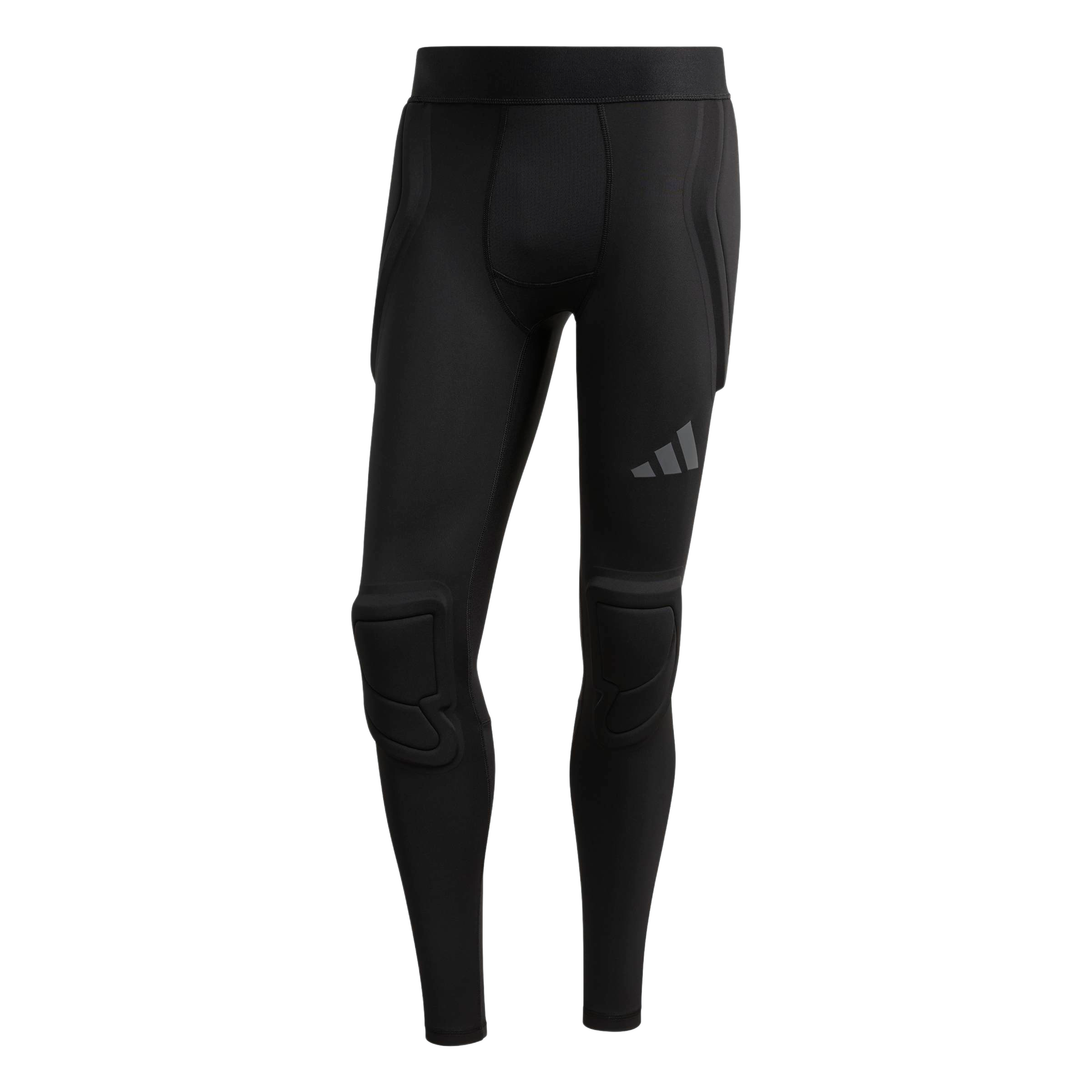 Full-length black Adidas compression leggings with integrated hip and knee pads. Grey Adidas logo on the left thigh.