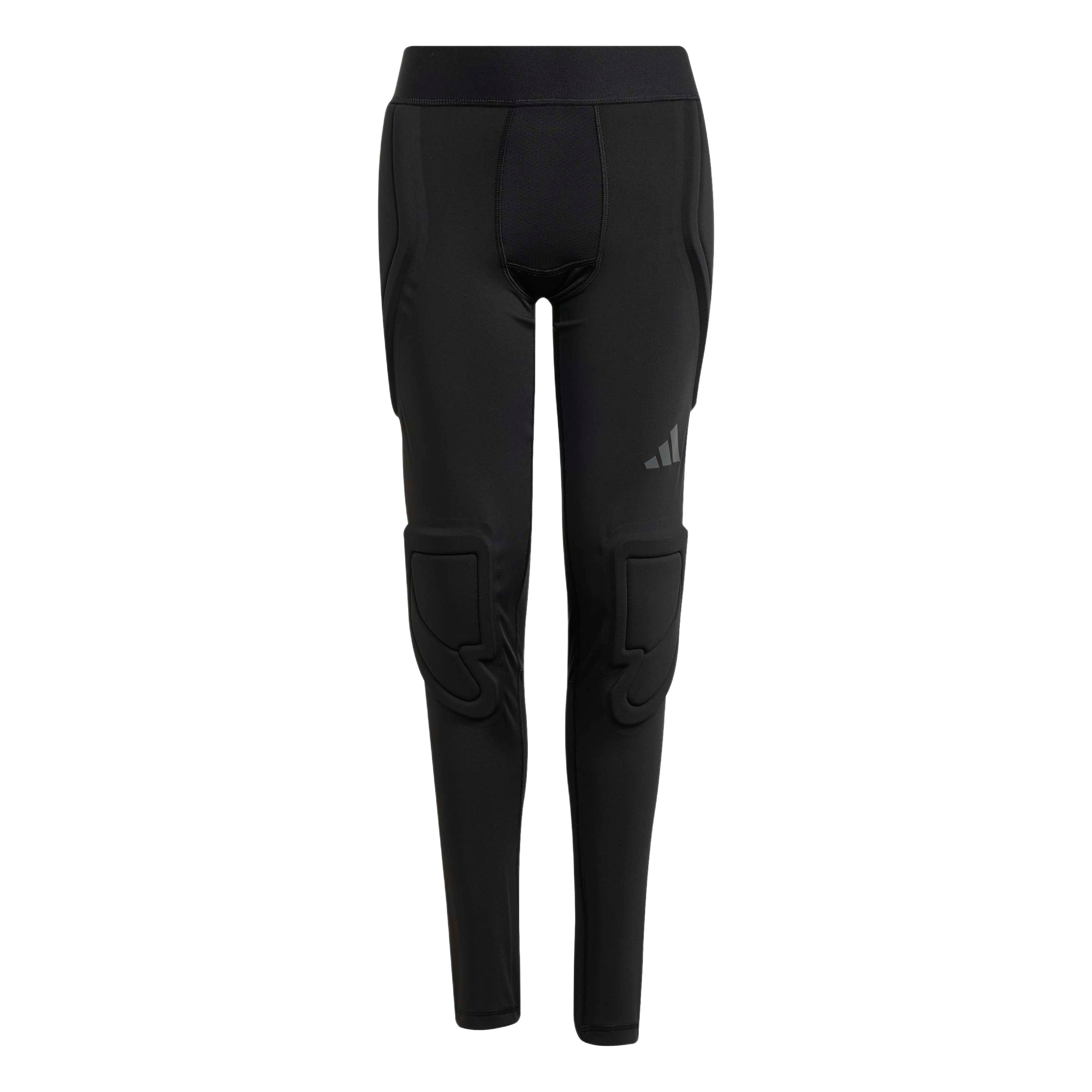 A pair of black full-length sports leggings with built-in padding on the hips and knees, and a subtle three-bar logo on the left thigh.