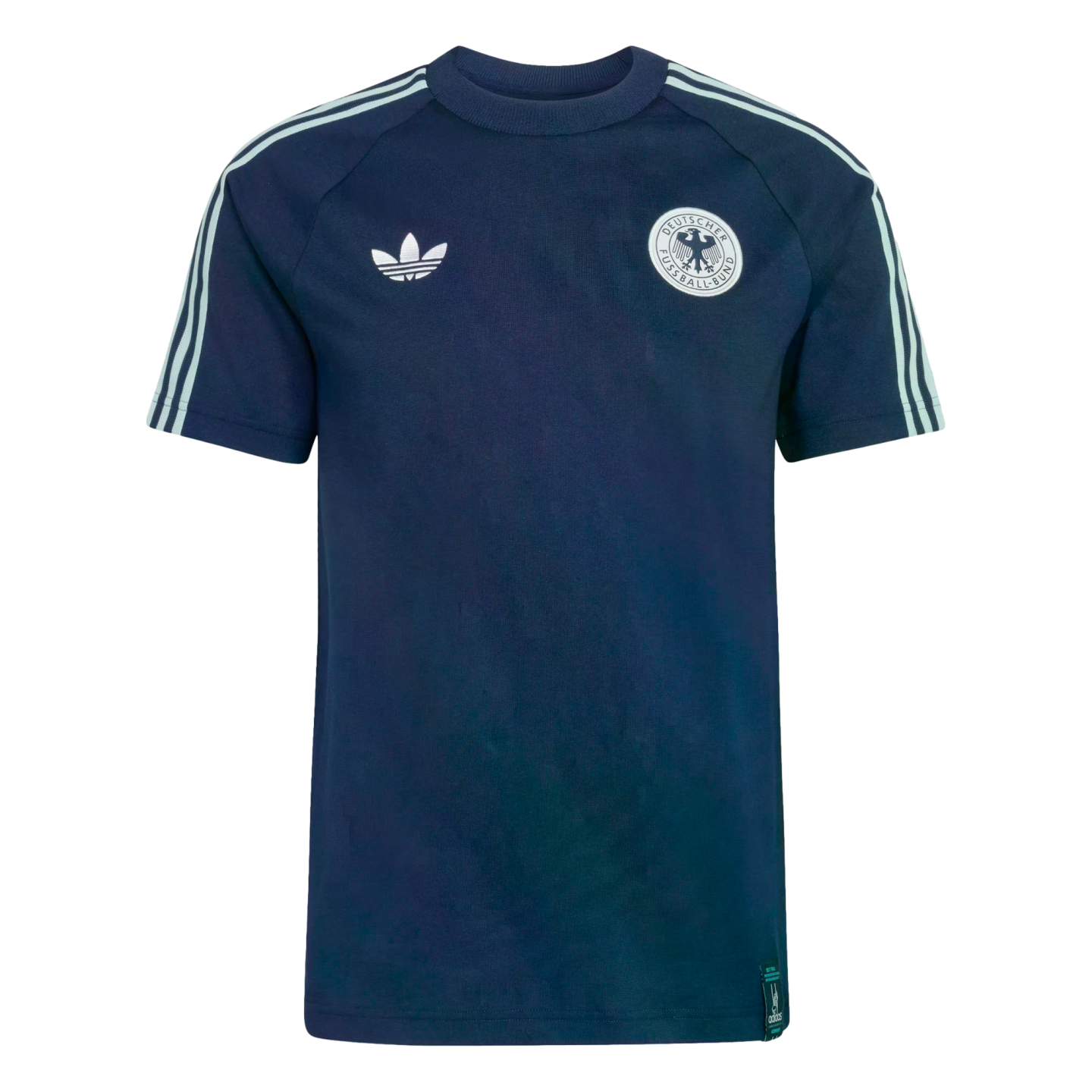 Navy blue Adidas short-sleeve shirt featuring white shoulder stripes, a trefoil logo, and the German national football team crest on the chest.