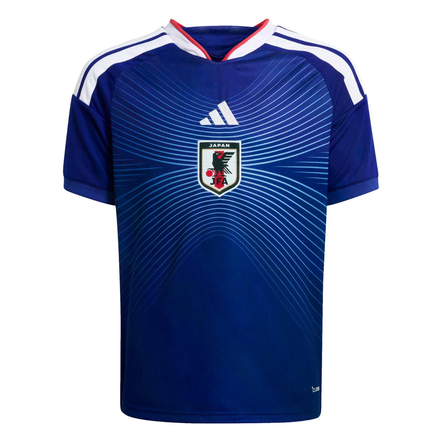 Blue Adidas Japan national soccer jersey featuring a light blue curved line pattern, white shoulder stripes, and the central JFA crest.