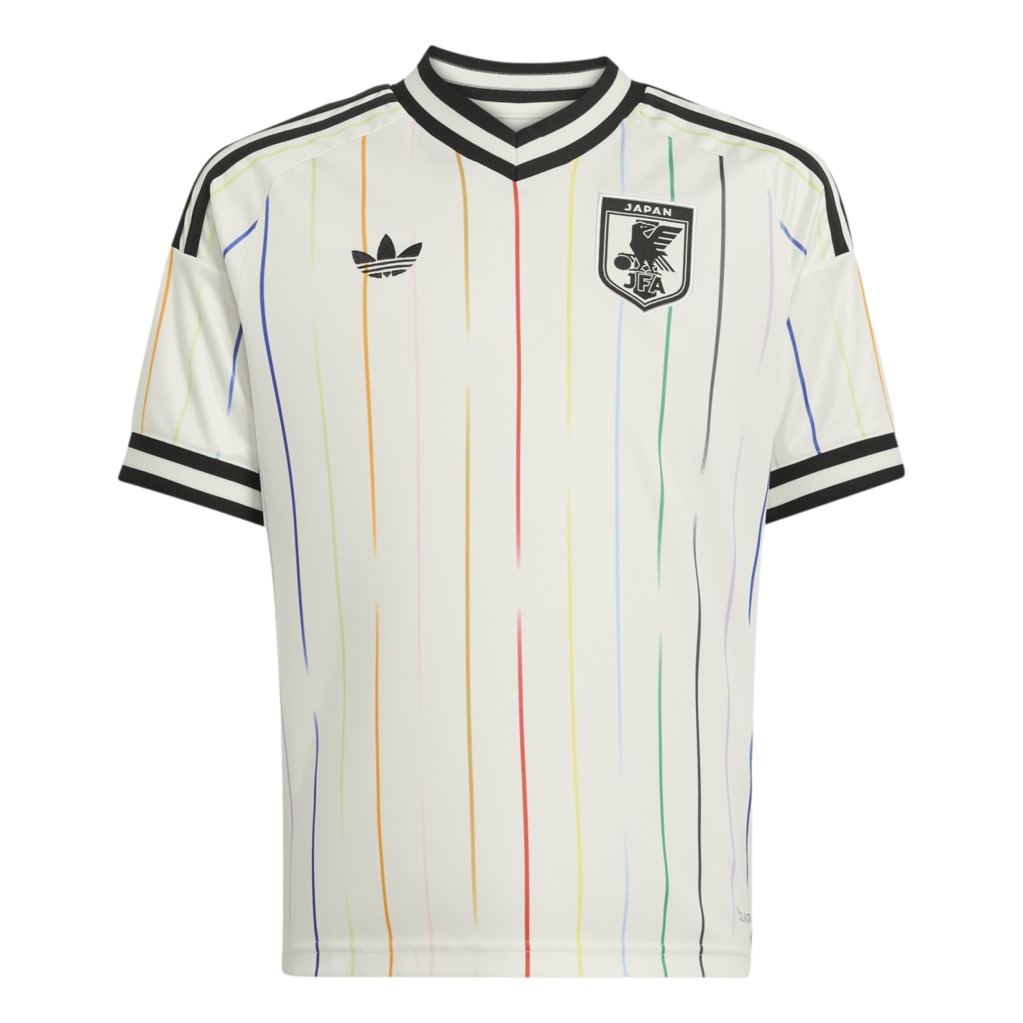 A white Adidas Japan football jersey featuring thin, multicolored vertical pinstripes and black-and-white striped detailing on the collar and sleeves.