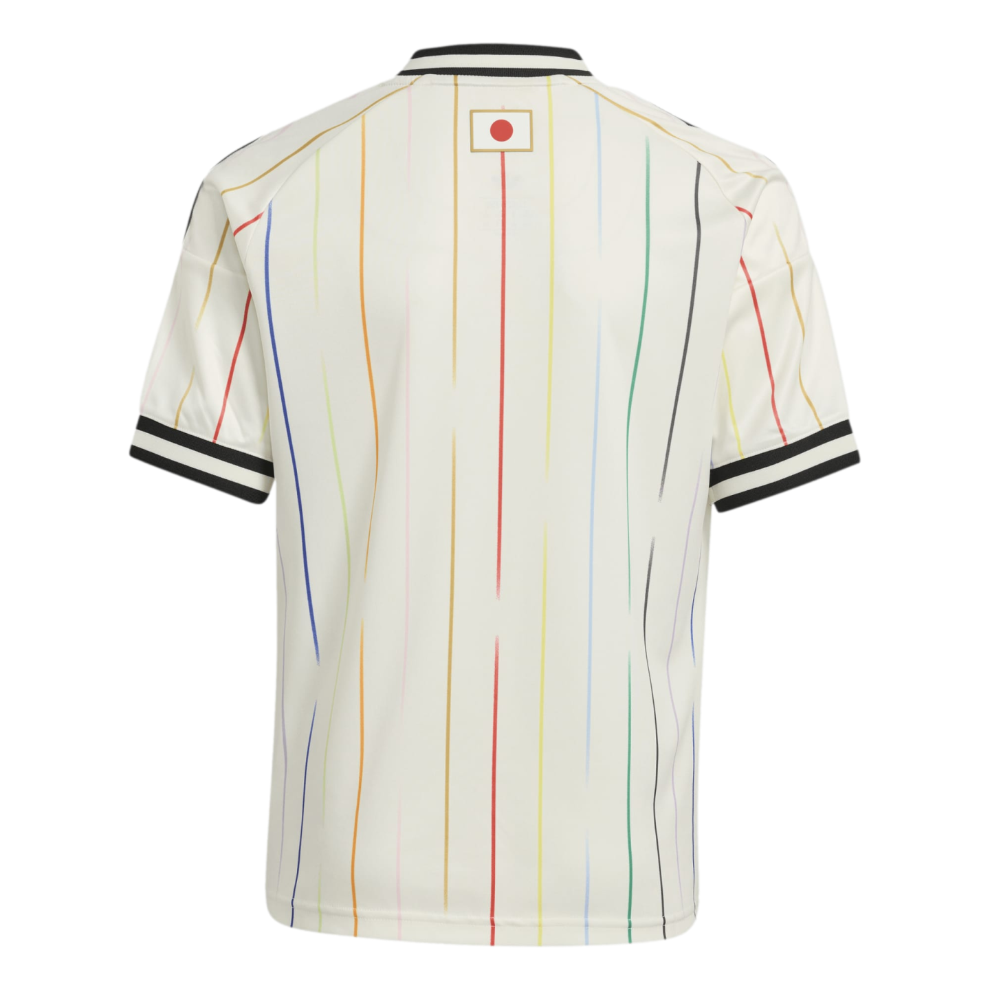 Back view of a white jersey with multicolored vertical pinstripes, a Japanese flag near the collar, and black-and-white striped trim on the sleeves and neck.