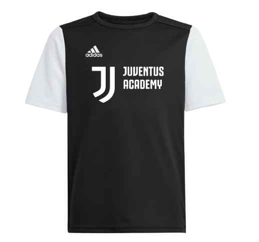 A black youth t-shirt with white short sleeves, featuring white Adidas and Juventus Academy logos on the chest.