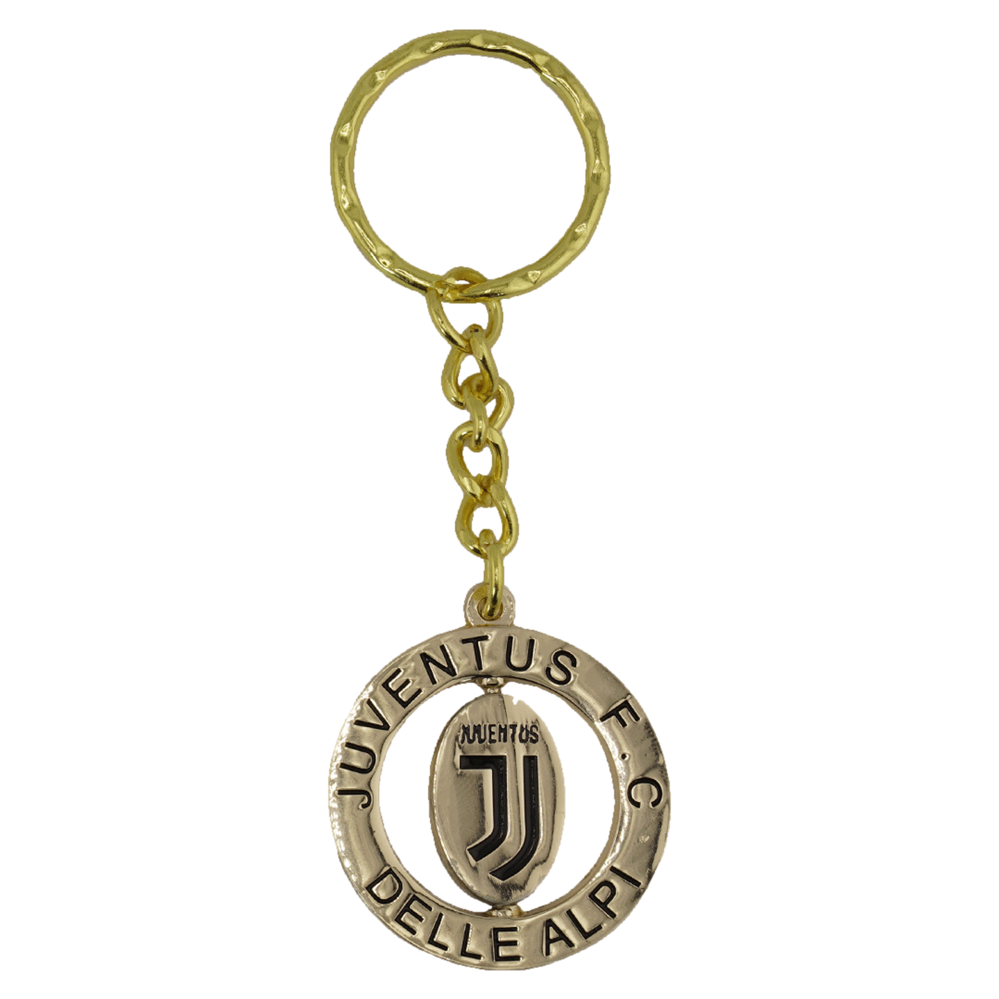 Gold-colored keychain featuring a Juventus F.C. charm with 'DELLE ALPI' text and a central 'J' logo.