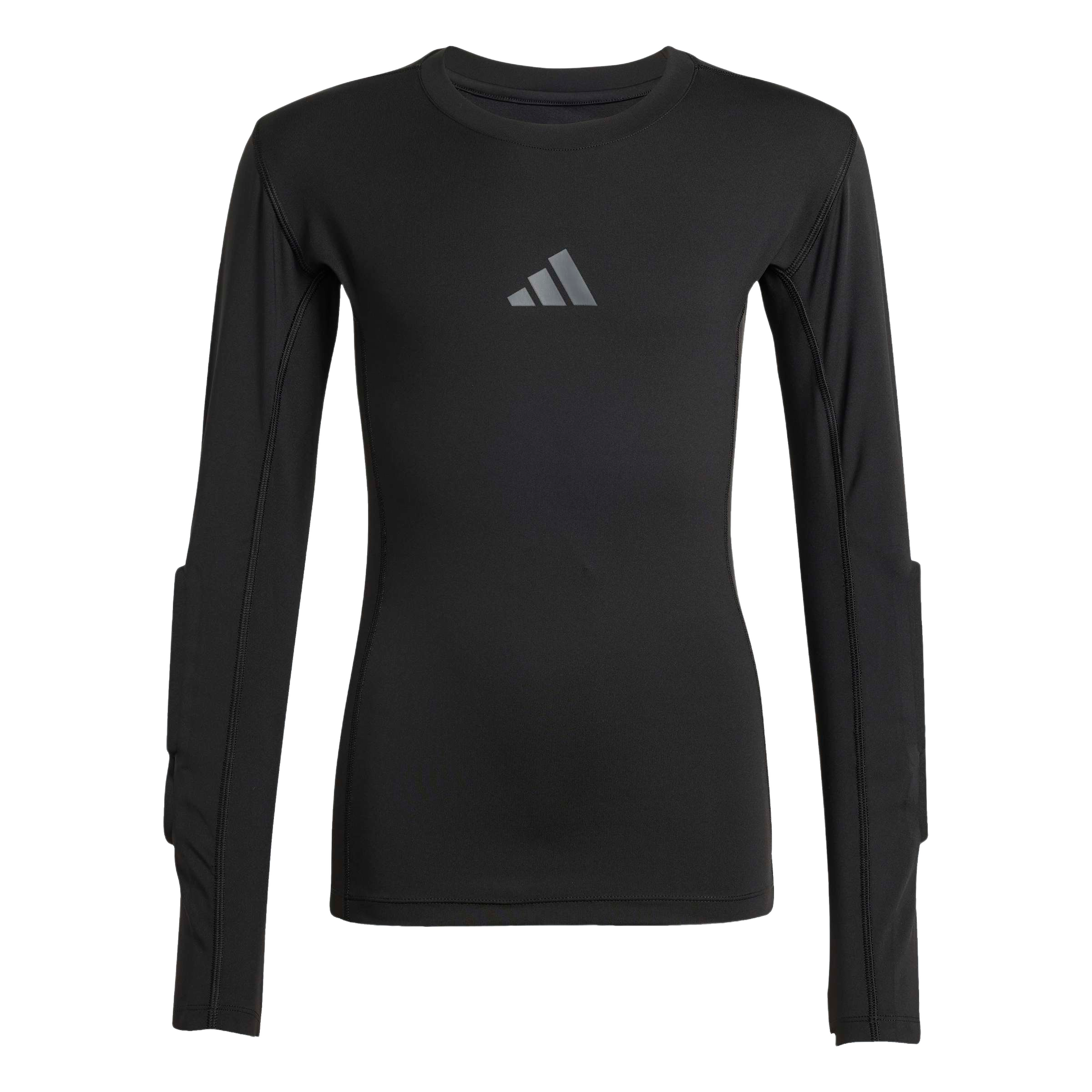 A black long-sleeved Adidas compression shirt featuring a grey logo on the chest and padded forearm panels.