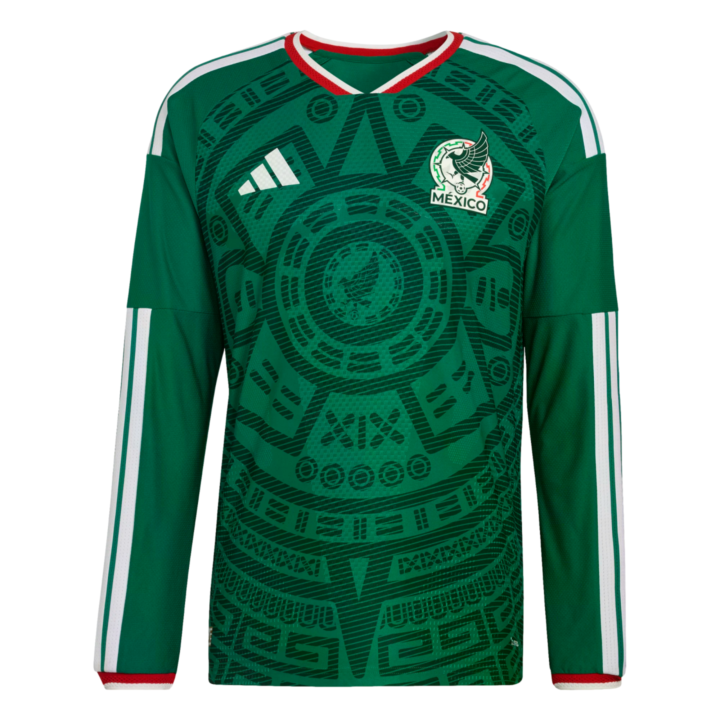 Long-sleeved green Mexico national team jersey with an intricate Aztec-inspired pattern, white Adidas stripes, and the team crest on the chest.