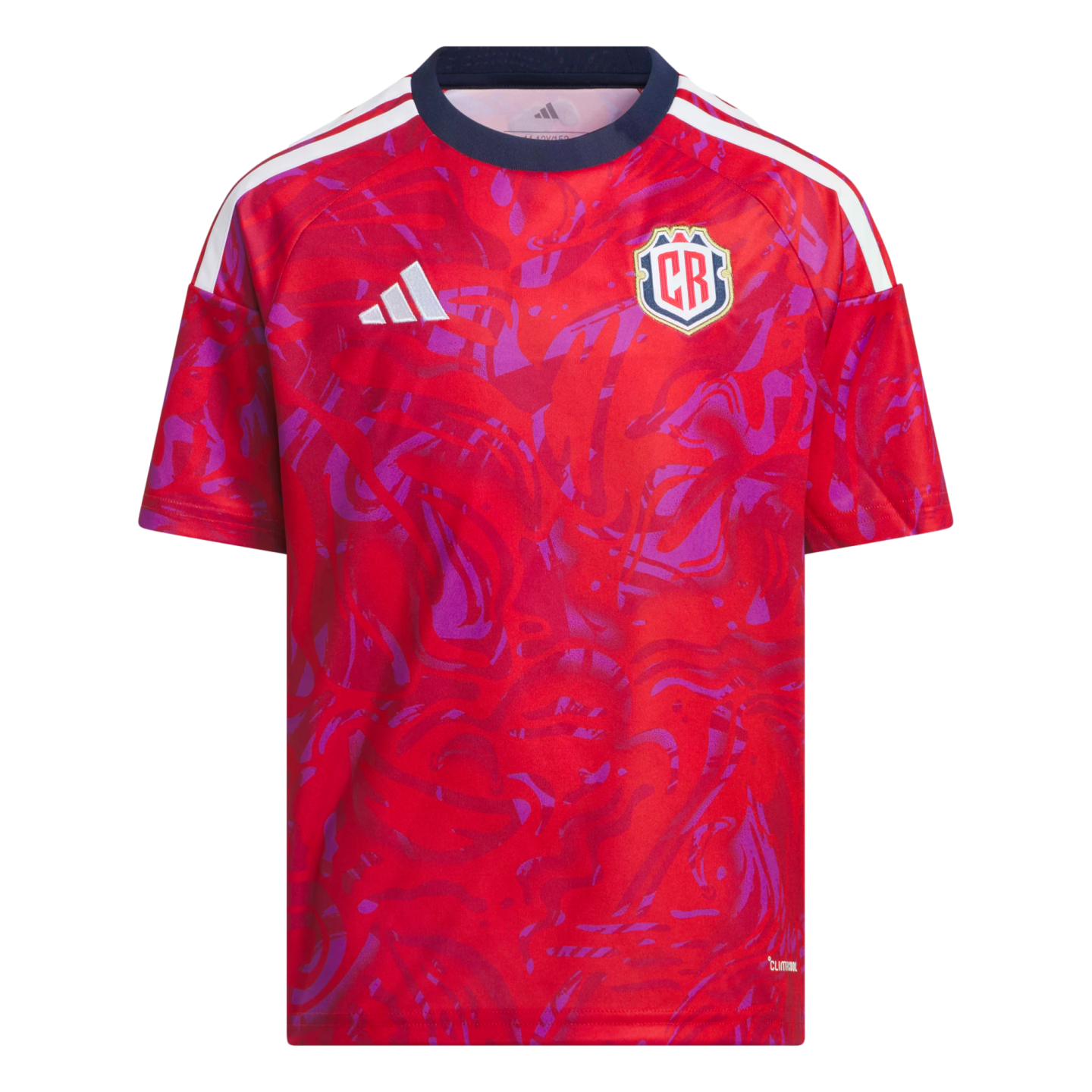 Red and purple patterned soccer jersey with white shoulder stripes, featuring an Adidas logo and a Costa Rica team crest.