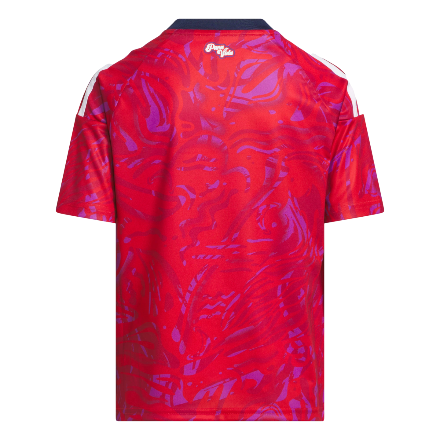 Back view of a red and purple abstract patterned jersey with white stripes on the shoulders, a navy collar, and a small 'Pura Vida' logo at the nape.
