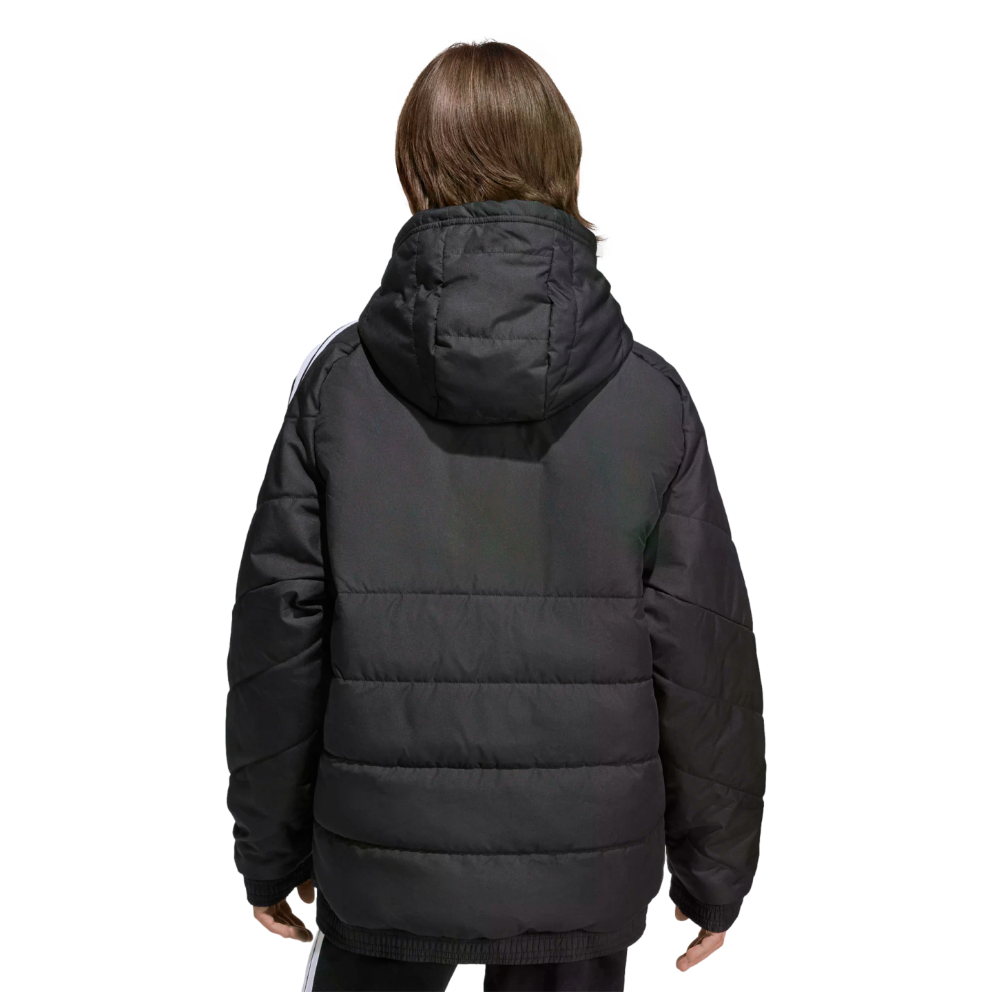 Rear view of a person in a black hooded puffer jacket with white sleeve stripes, standing against a plain black background.