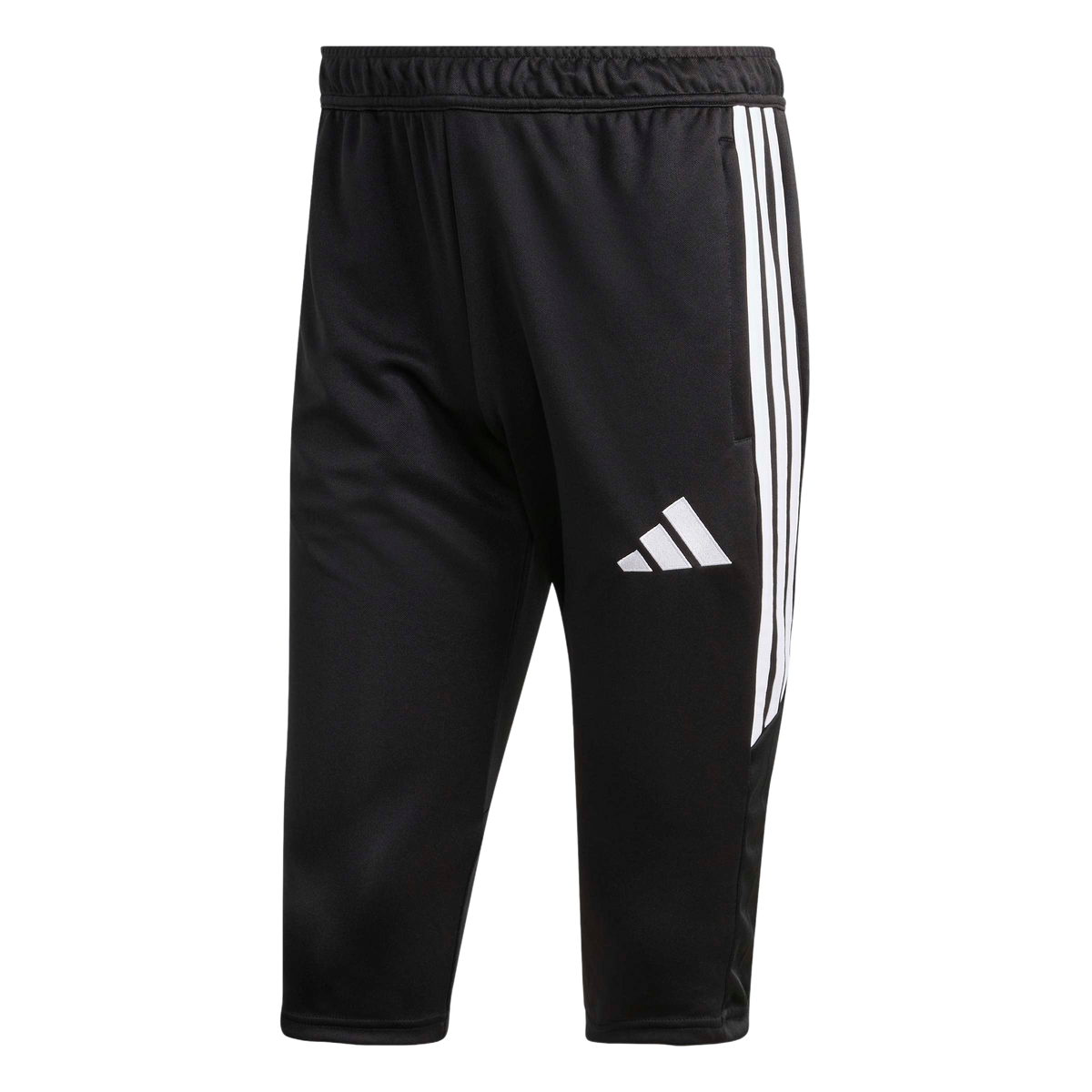 Black Adidas cropped athletic pants with three white side stripes and a white logo on the right thigh.