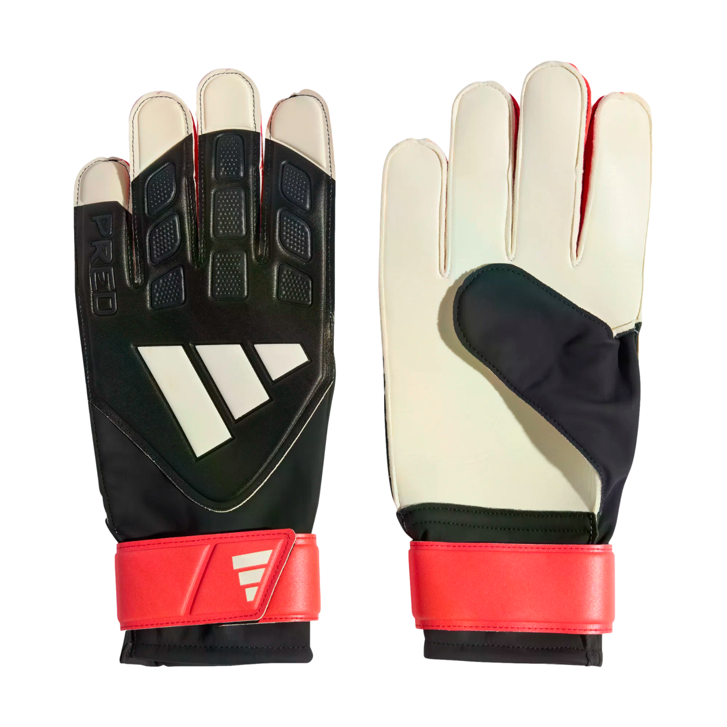 Adidas goalkeeper gloves with a black textured backhand, white palm, and red wrist strap, displayed against a black background.