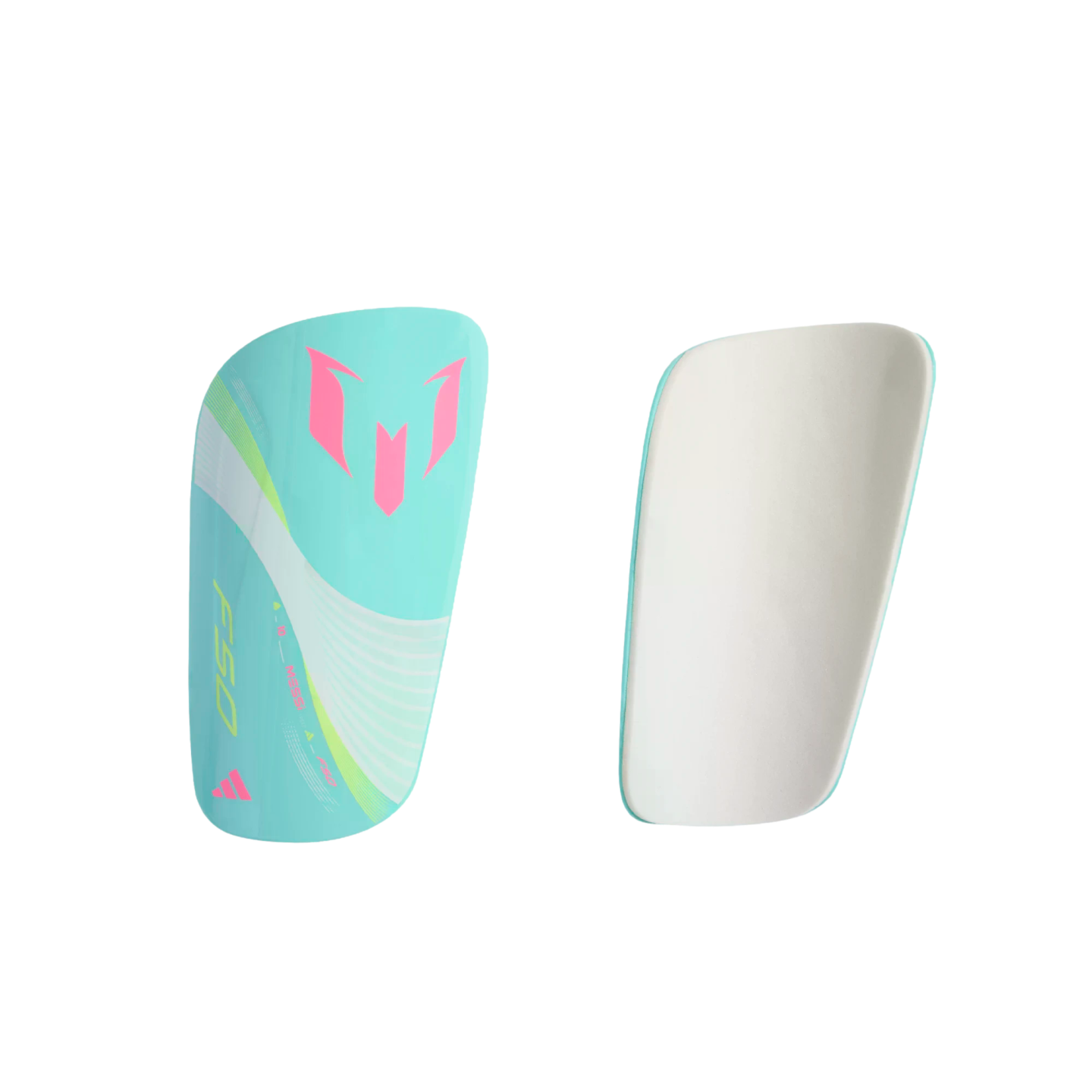Light blue soccer shin guards with a pink Messi logo and lime green accents. One shows the exterior shell, while the other shows the white interior padding.