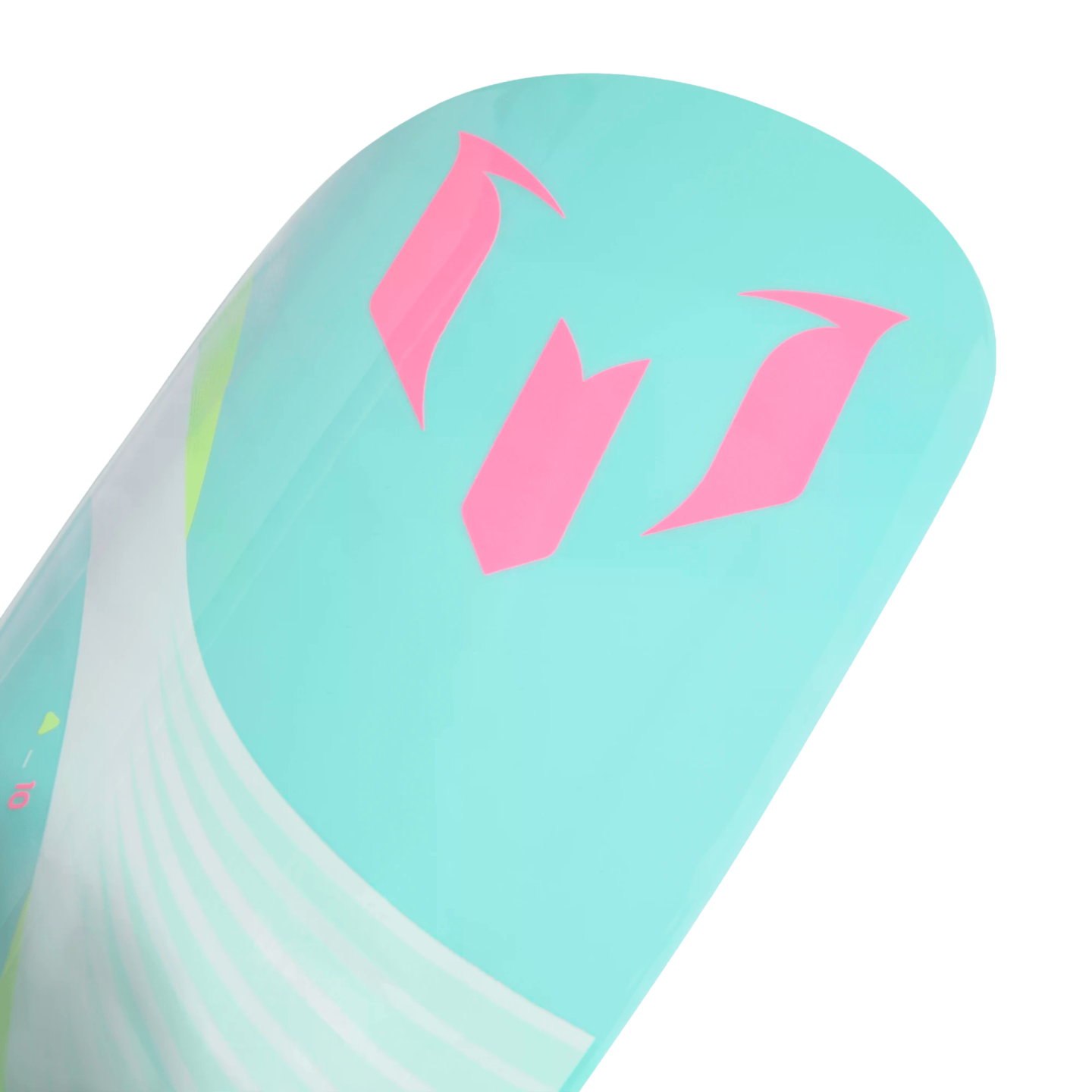 Close-up of a teal shin guard featuring a pink Lionel Messi logo and white graphic elements against a black background.