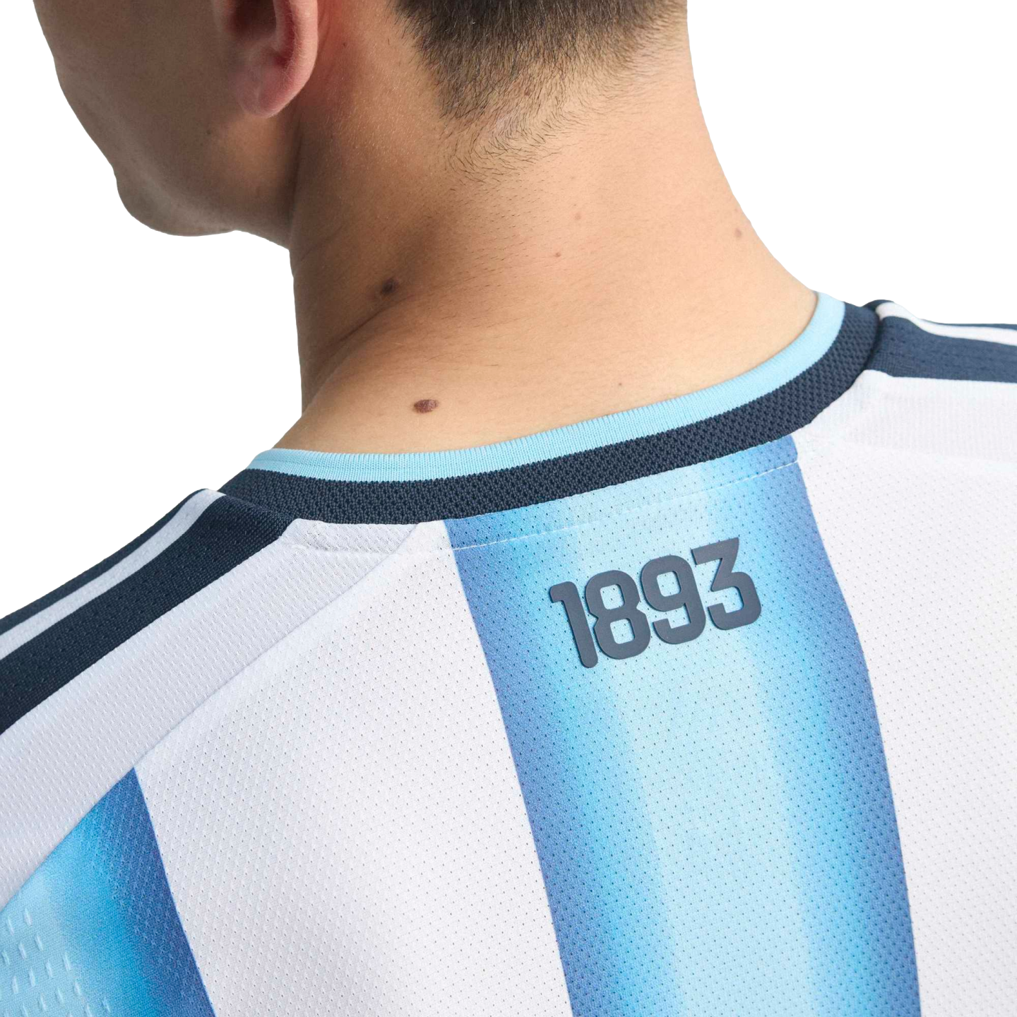 Close-up from behind of a person wearing a light blue and white striped jersey with the number "1893" printed just below the collar.