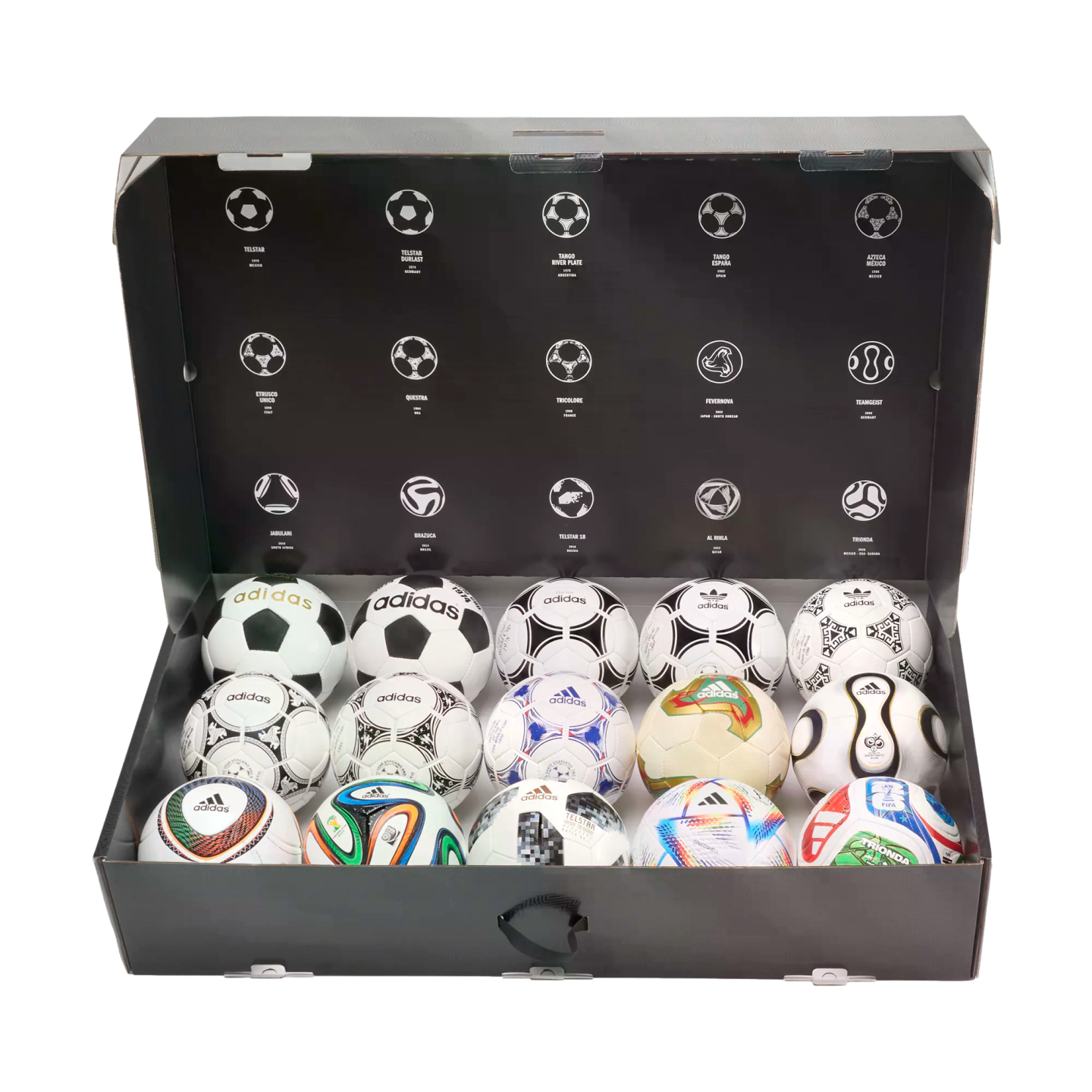 A display box containing 15 miniature Adidas World Cup soccer balls, with historical ball design illustrations on the inner lid.