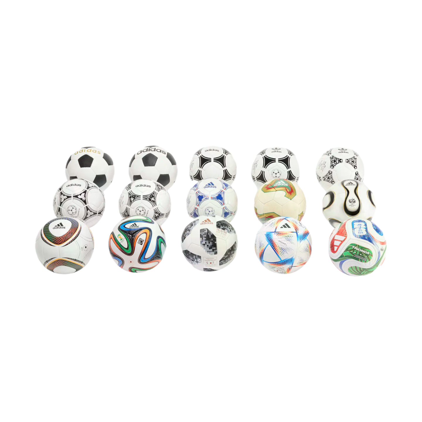 Fifteen Adidas soccer balls with various historical and modern designs, arranged in a three-by-five grid on a solid black background.