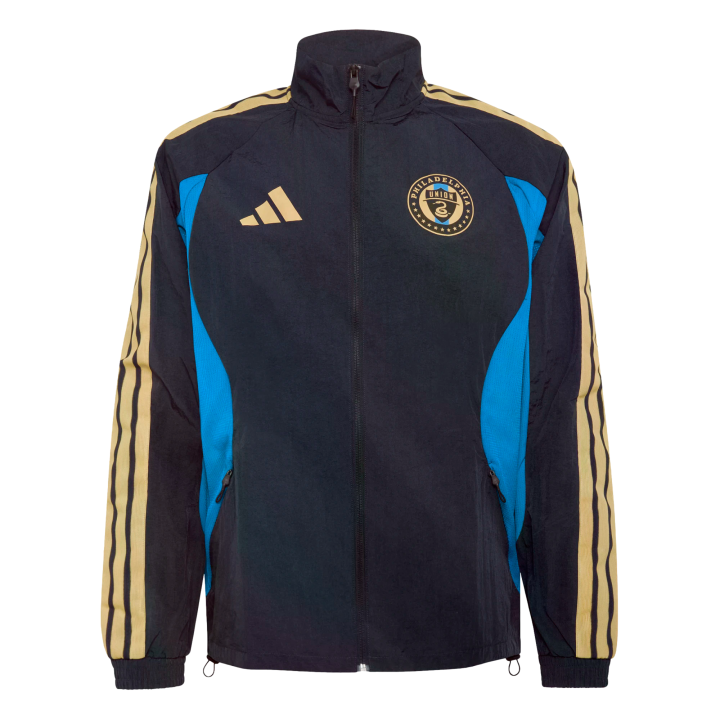 A navy blue Philadelphia Union Adidas track jacket with gold stripes on the sleeves, a team crest, and light blue side panels.