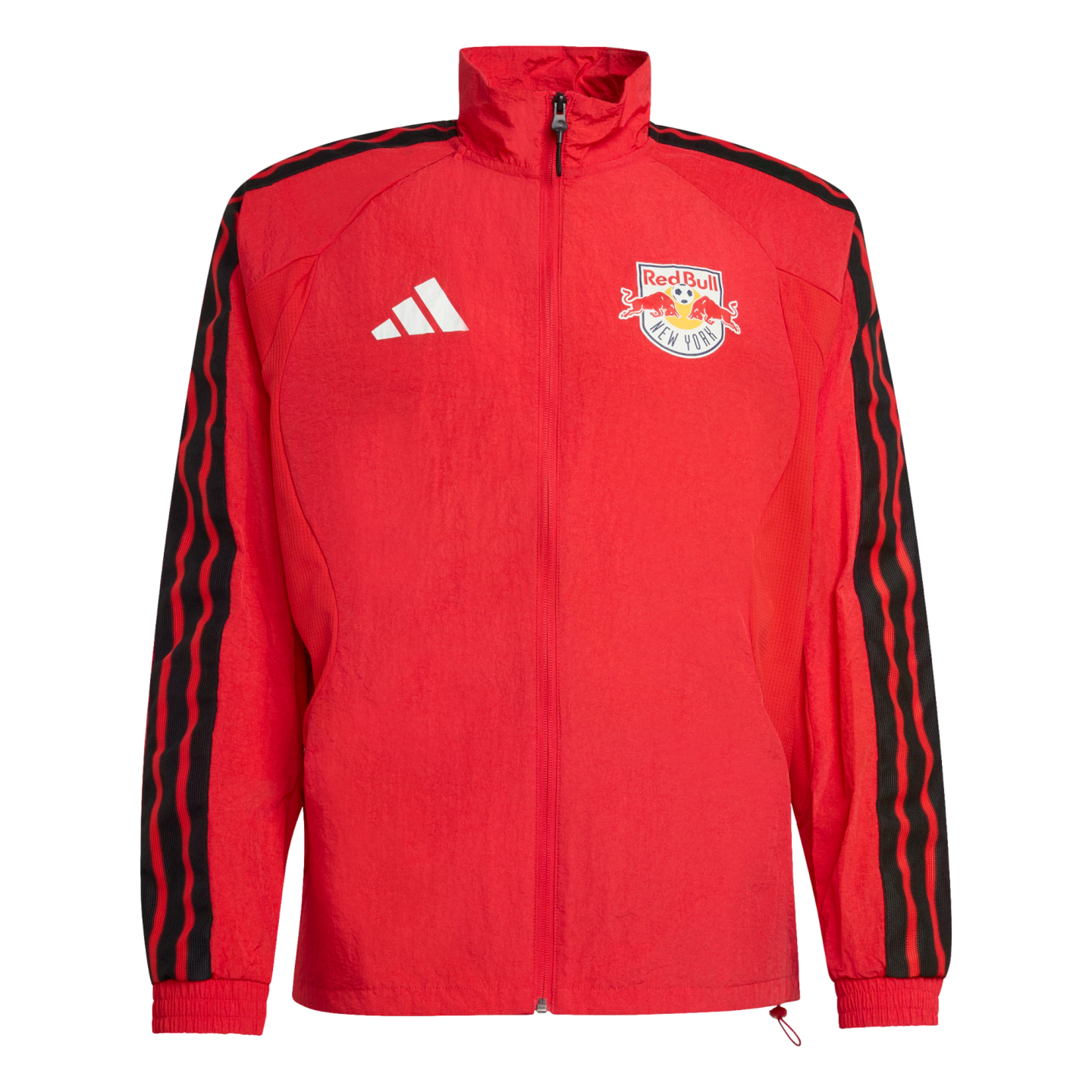 Red Adidas New York Red Bulls full-zip track jacket with the team crest, white logo, and black sleeves featuring three red wavy stripes.