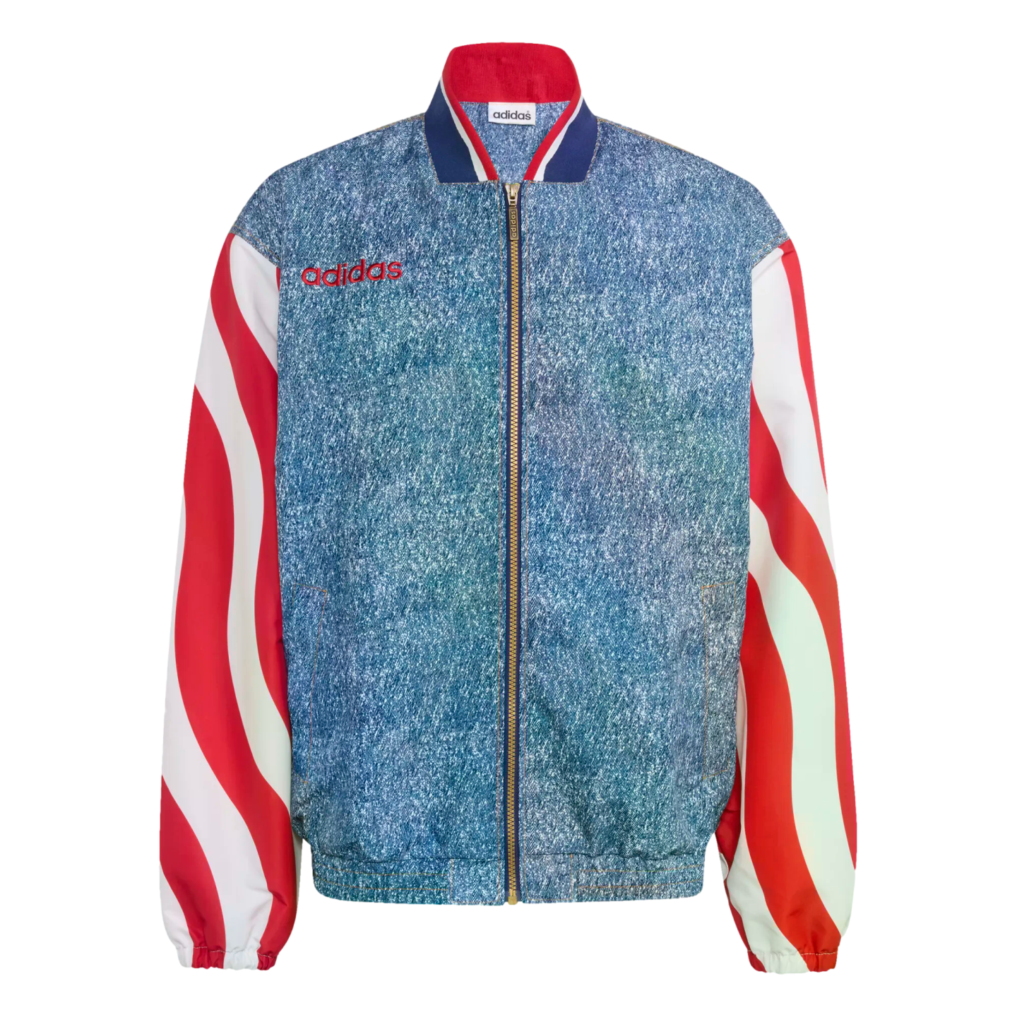 An Adidas zip-up jacket with a blue stonewashed denim-look body and red and white wavy-striped sleeves, set against a black background.