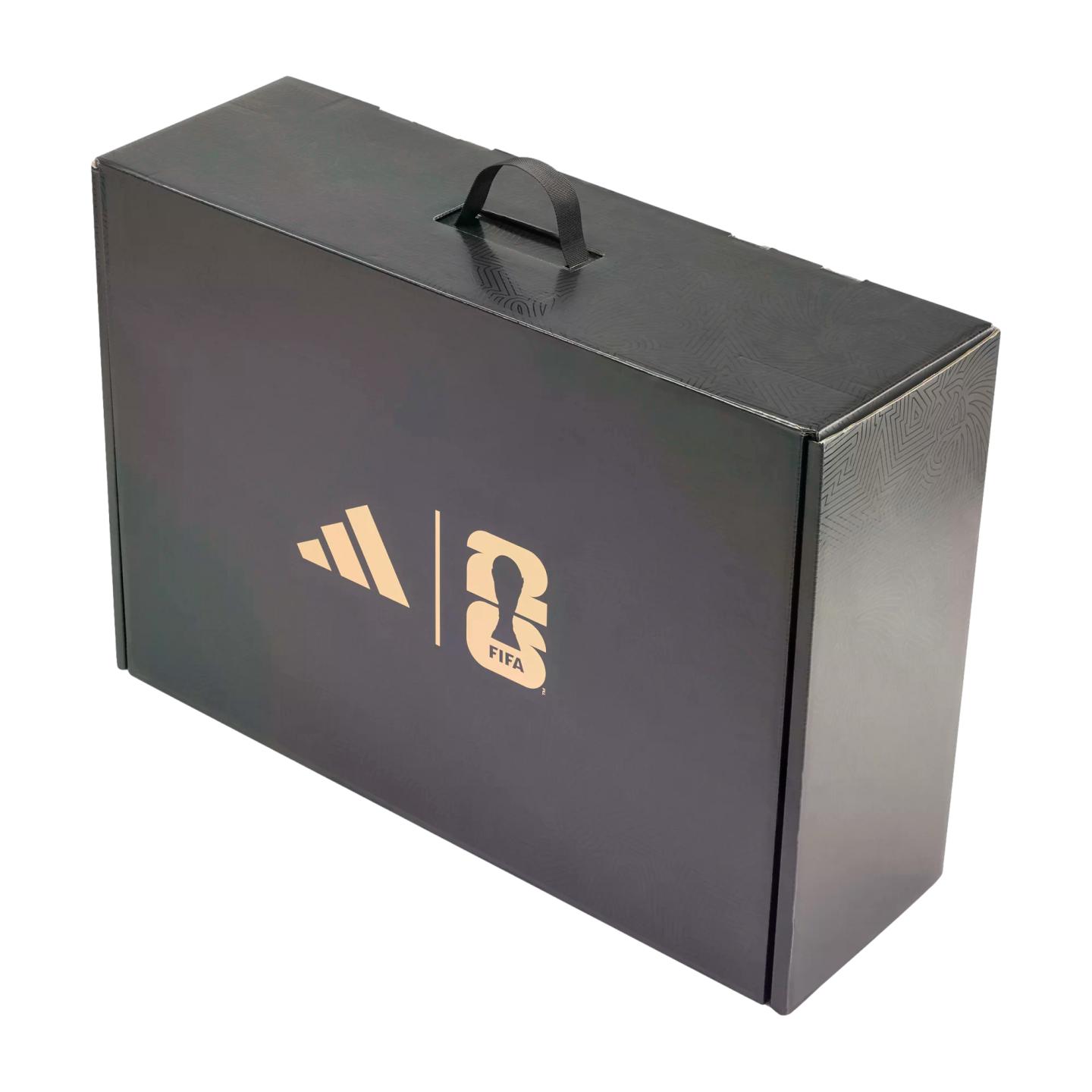 A black rectangular box with a carry handle, featuring gold Adidas and FIFA World Cup 2026 logos on the front panel.