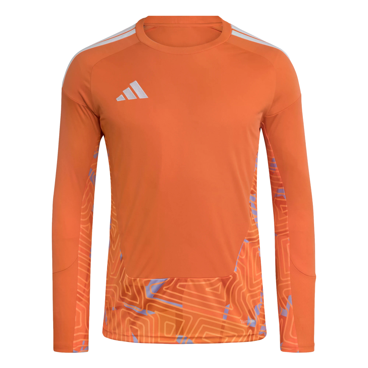 Orange long-sleeved Adidas goalkeeper jersey with white shoulder stripes and a patterned hem.
