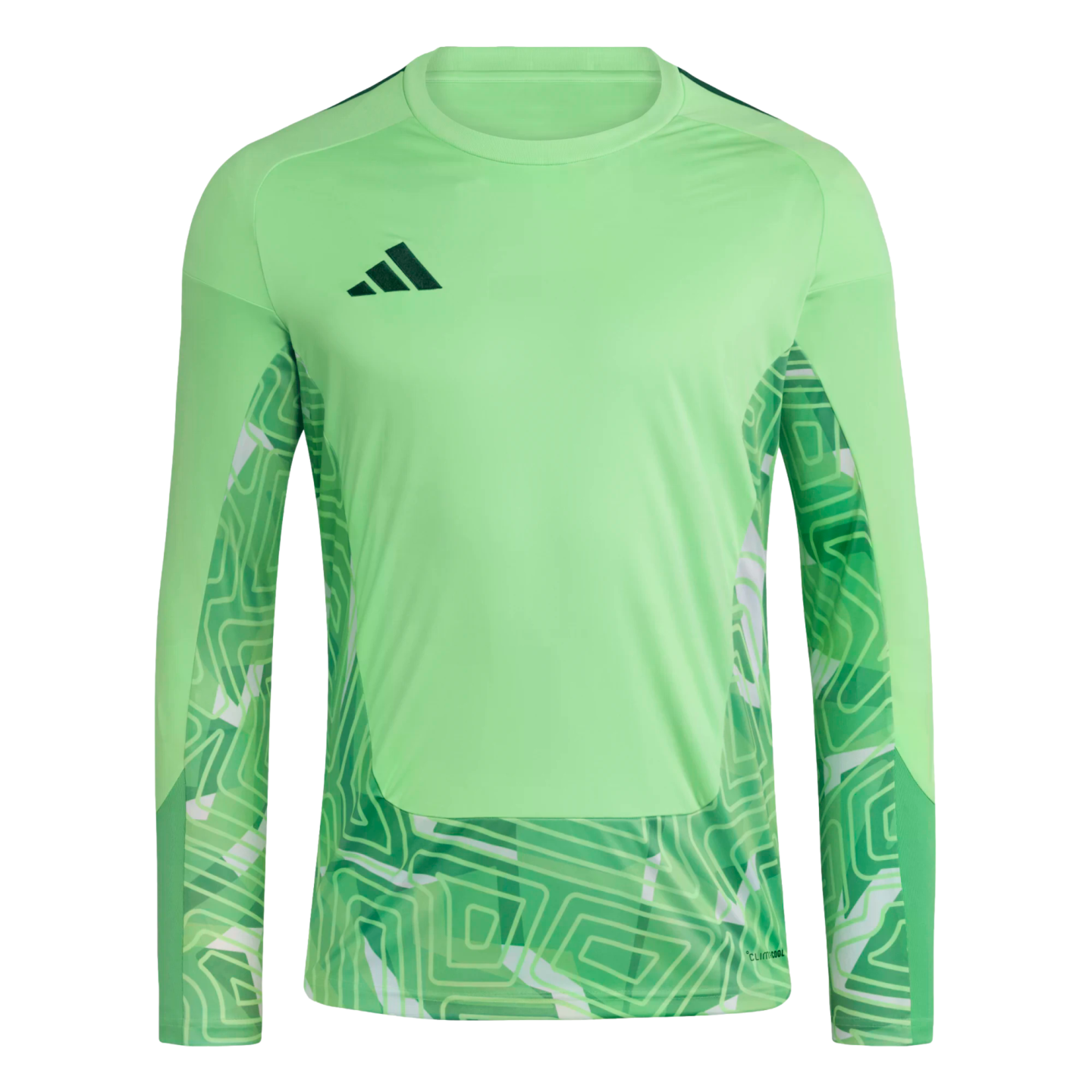 A light green long-sleeved Adidas sports jersey featuring dark green geometric patterns on the side panels and underarms.