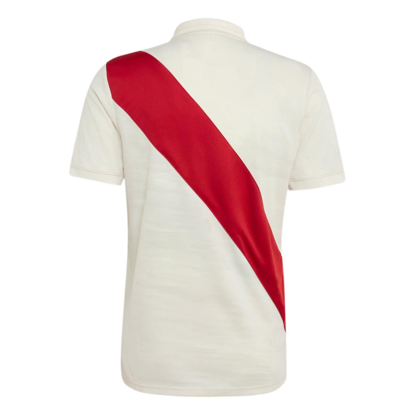Back view of an off-white short-sleeved shirt with a wide red diagonal sash running from the upper left shoulder to the lower right.