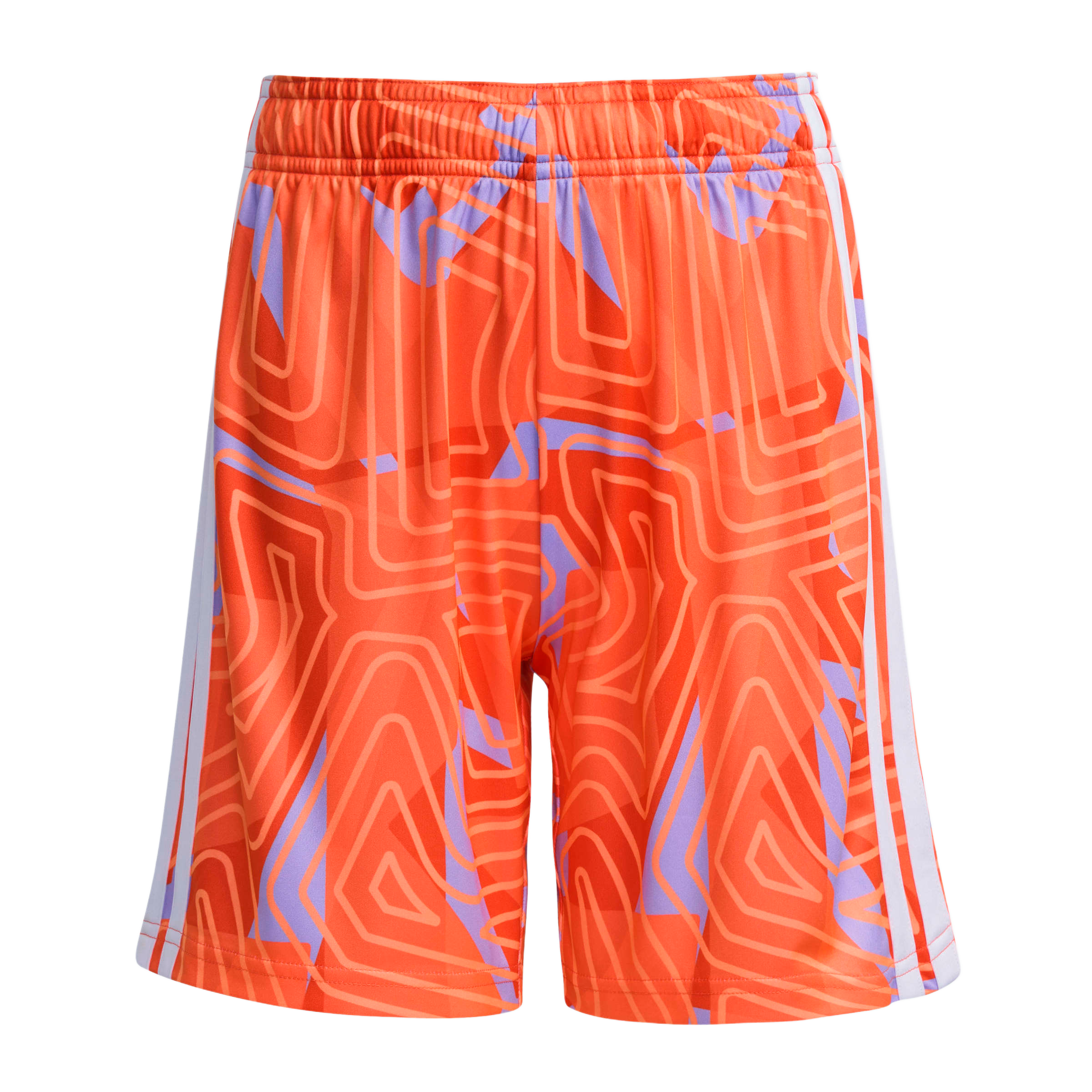 Orange athletic shorts with a geometric wavy pattern in shades of orange and lavender, featuring three white stripes down each side and an elastic waist.